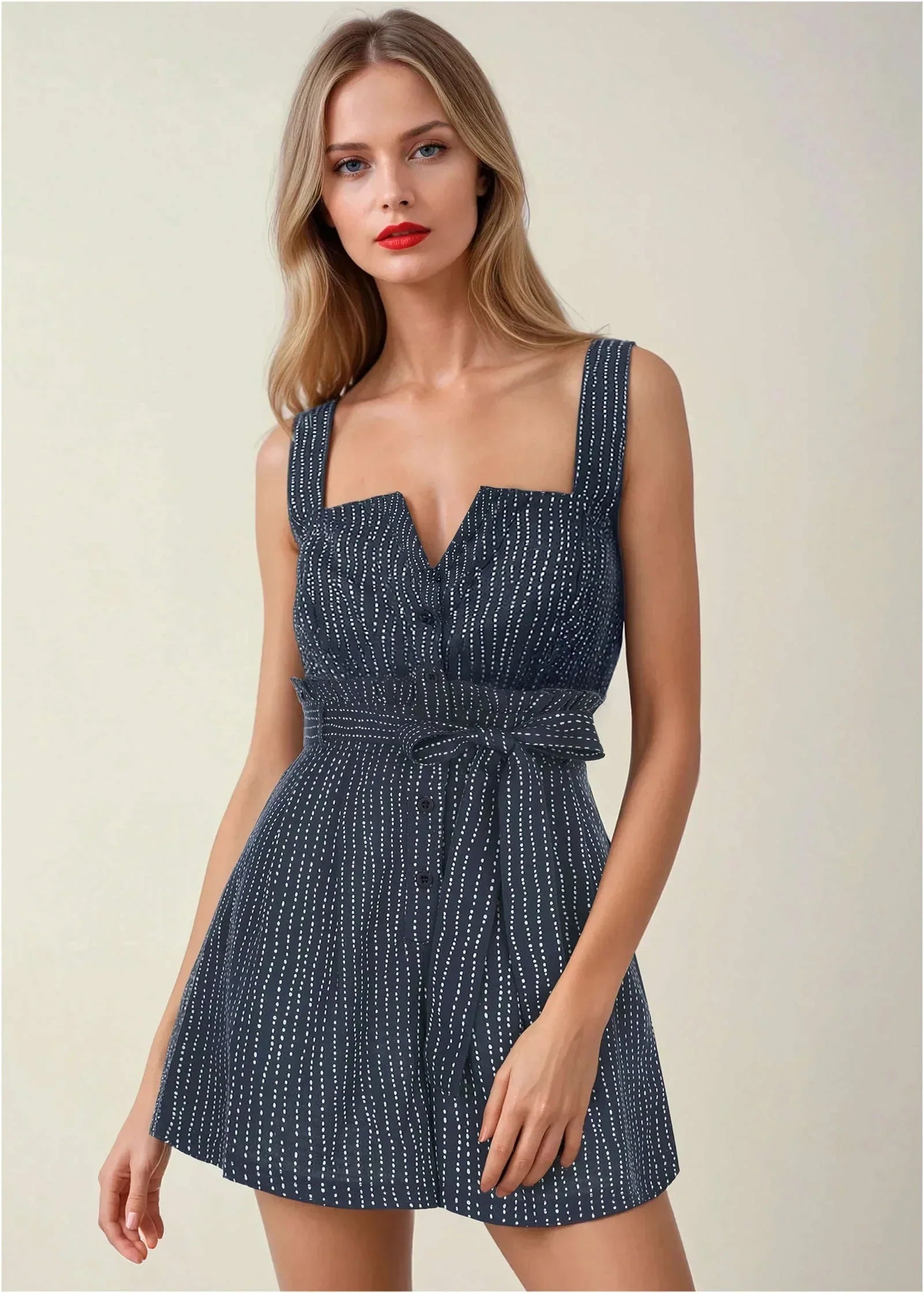 Casual Linen Romper Navy Dot Stripe