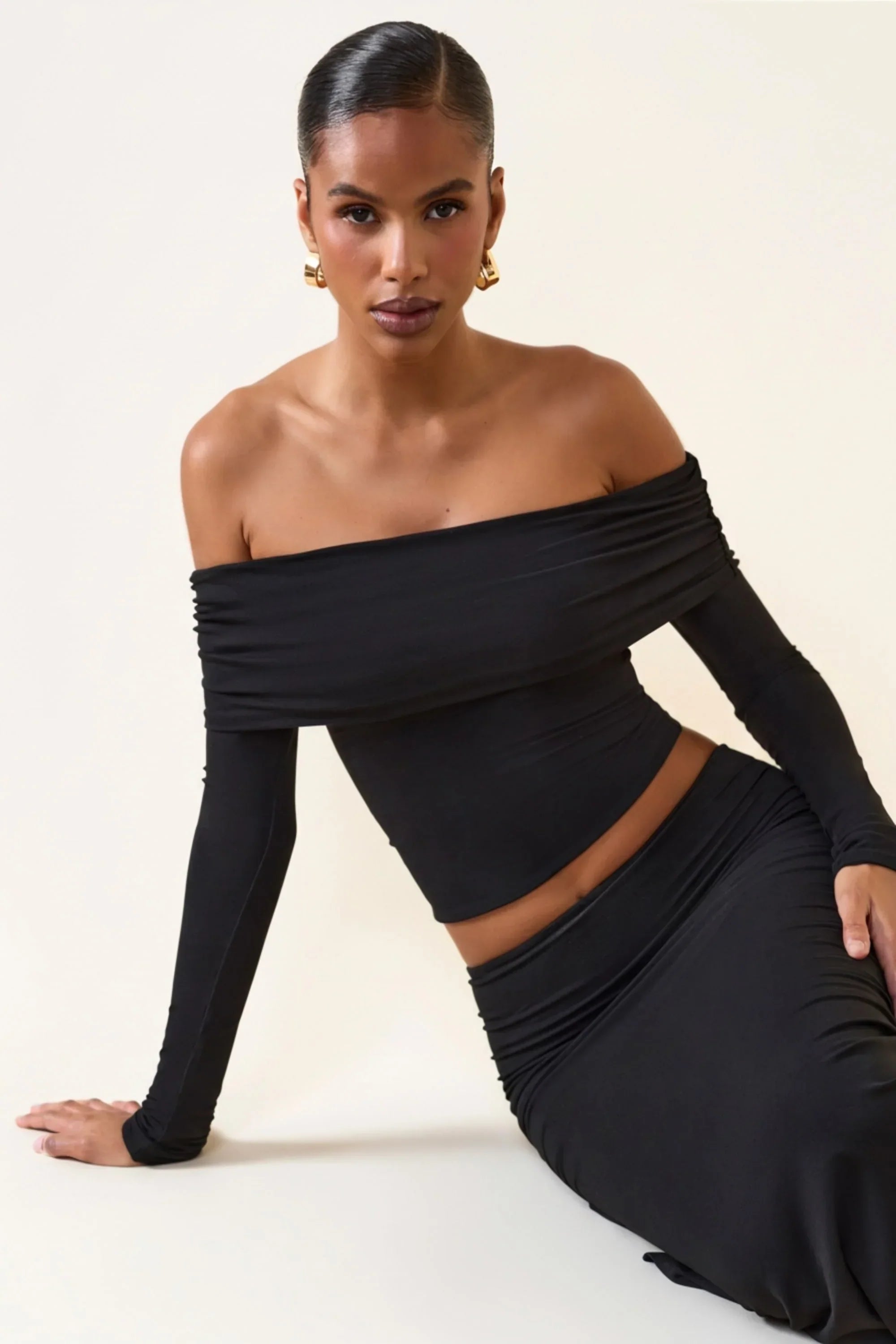 Modal Off Shoulder Long Sleeve Top in Black