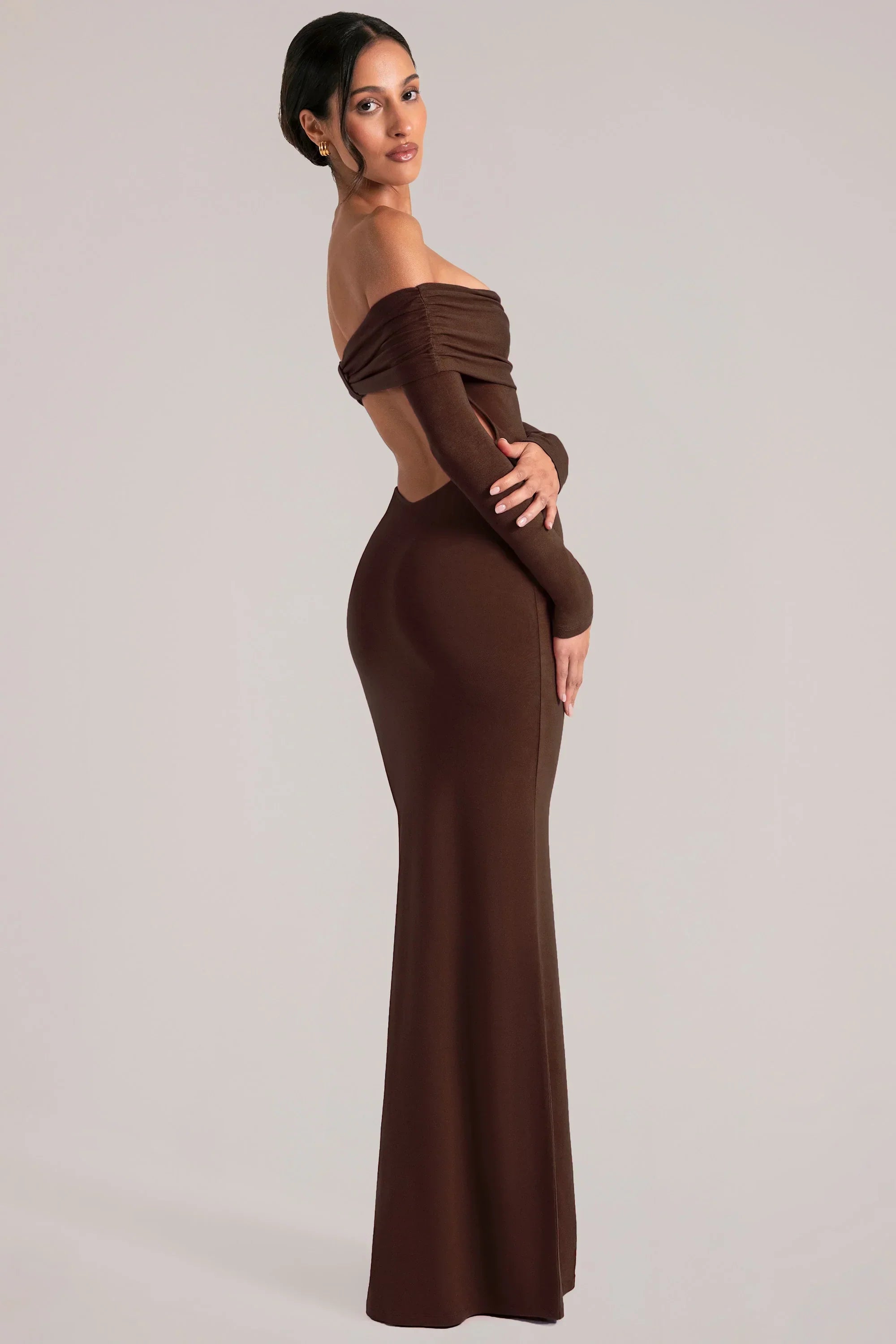Off Shoulder Long Sleeve Maxi Dress in Chocolate Brown