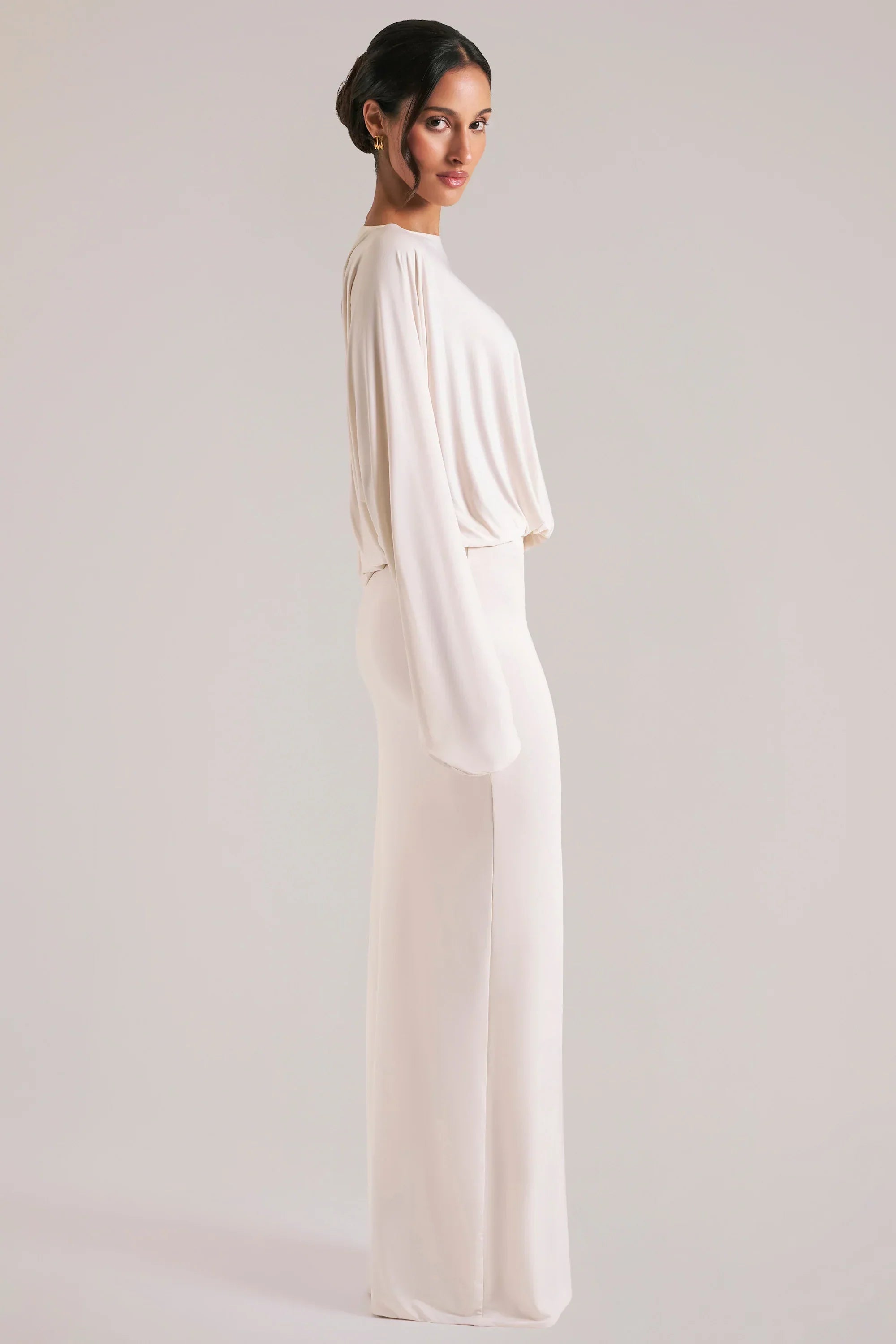 Long Sleeve Draped Maxi Dress in Vanilla