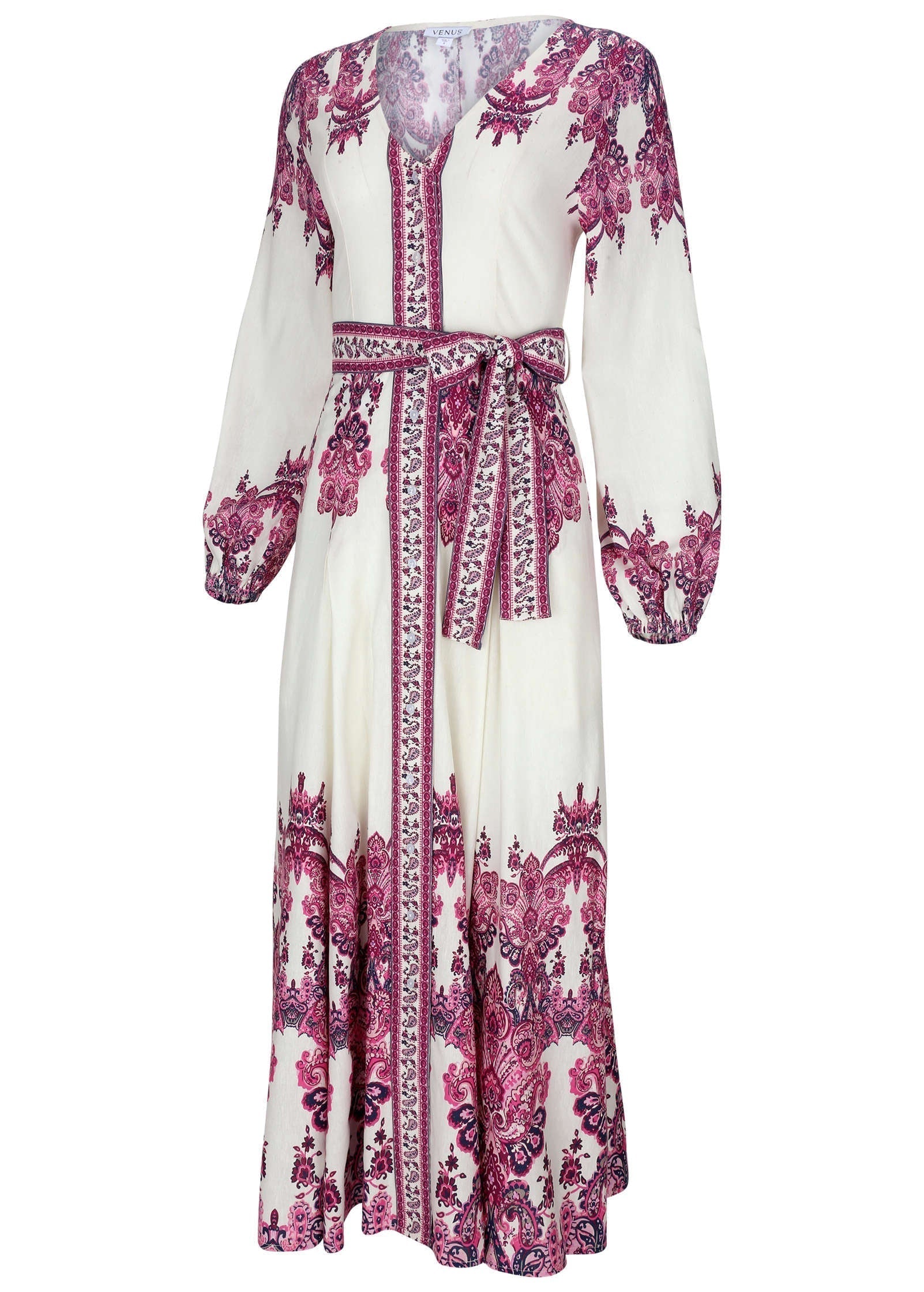 Tie Waist Linen Maxi Dress Pink Boho Paisley Border