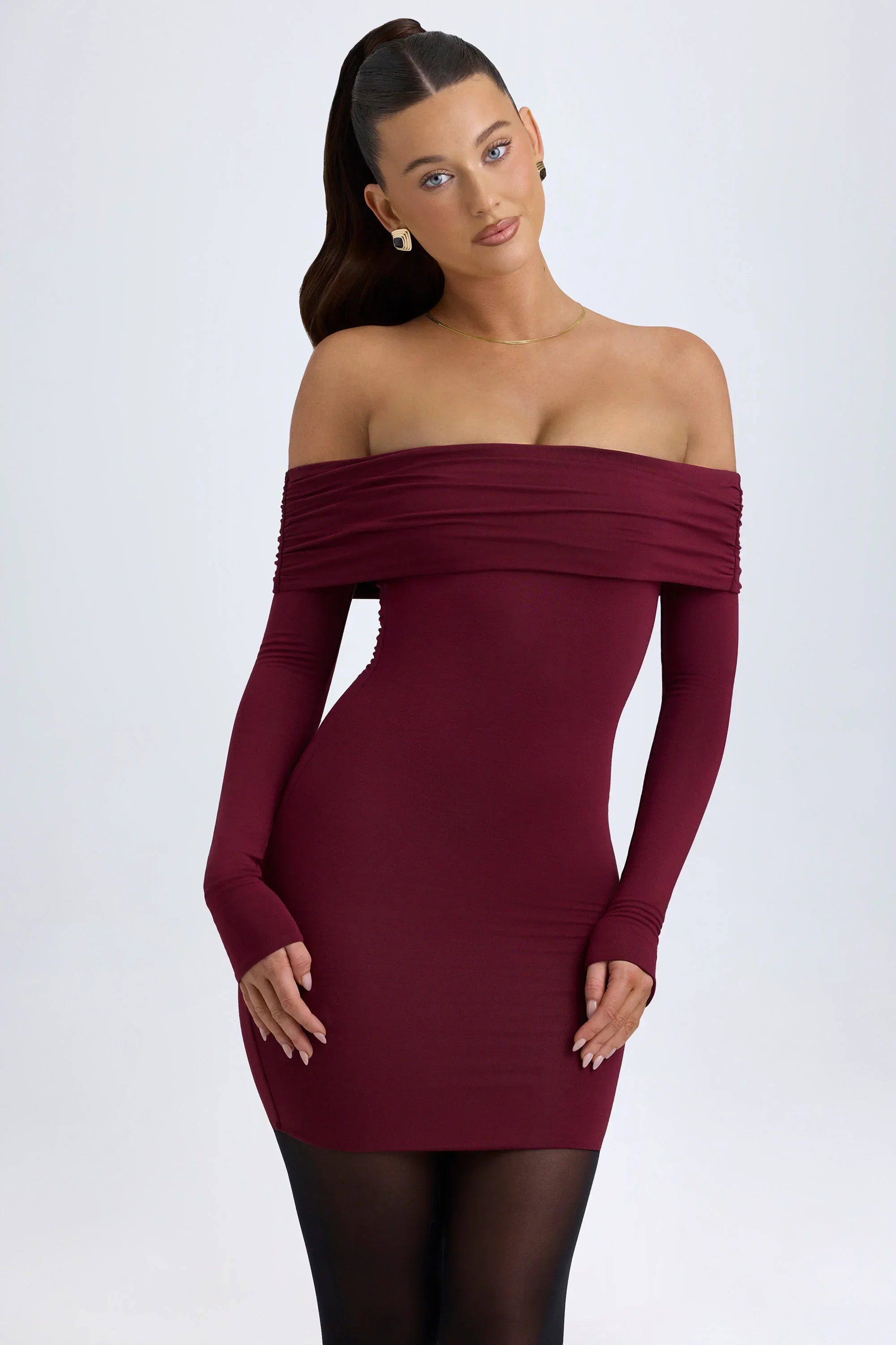 Modal Off Shoulder Mini Dress in Wine Red