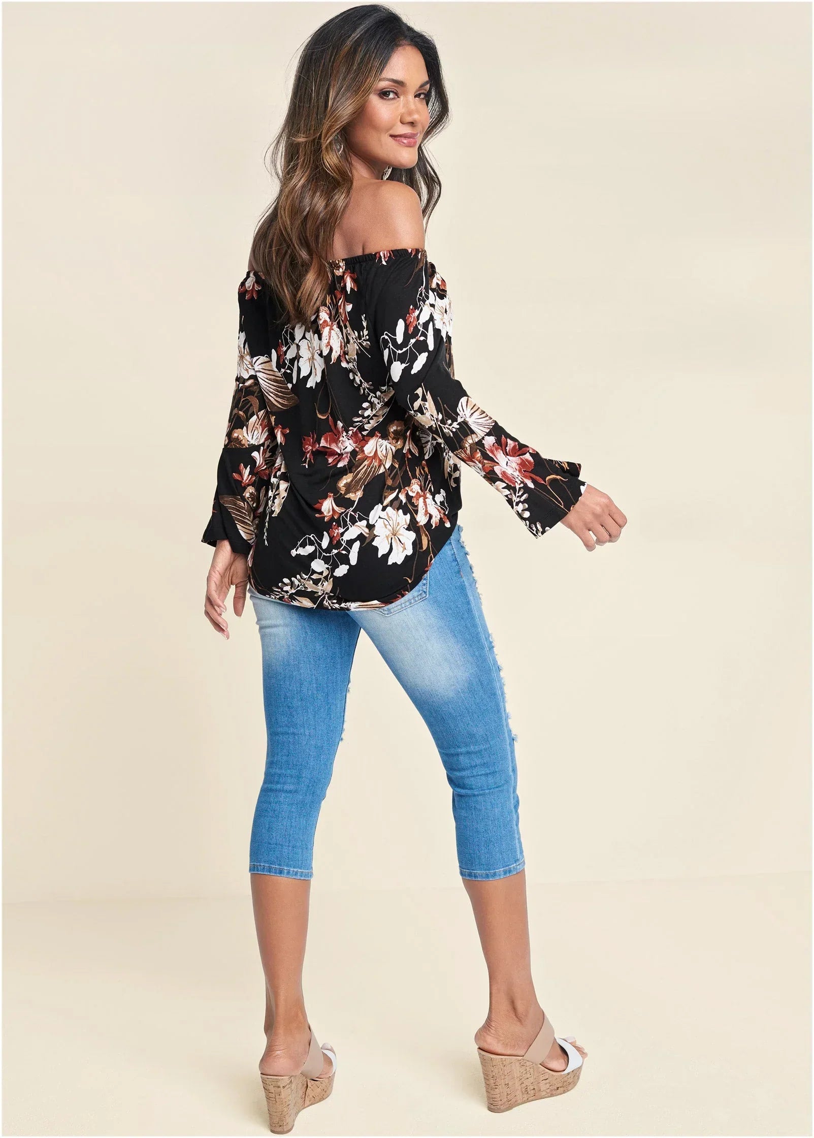 Bell Sleeve Printed Top Black Multi