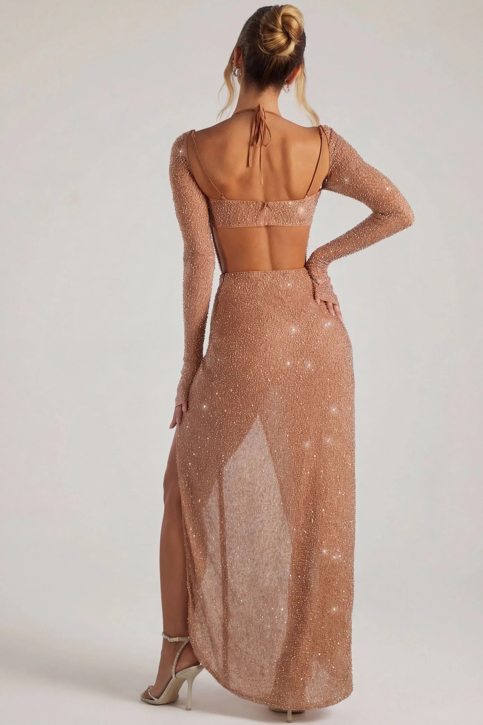 Embellished Cowl Neck Maxi Dress in Nude