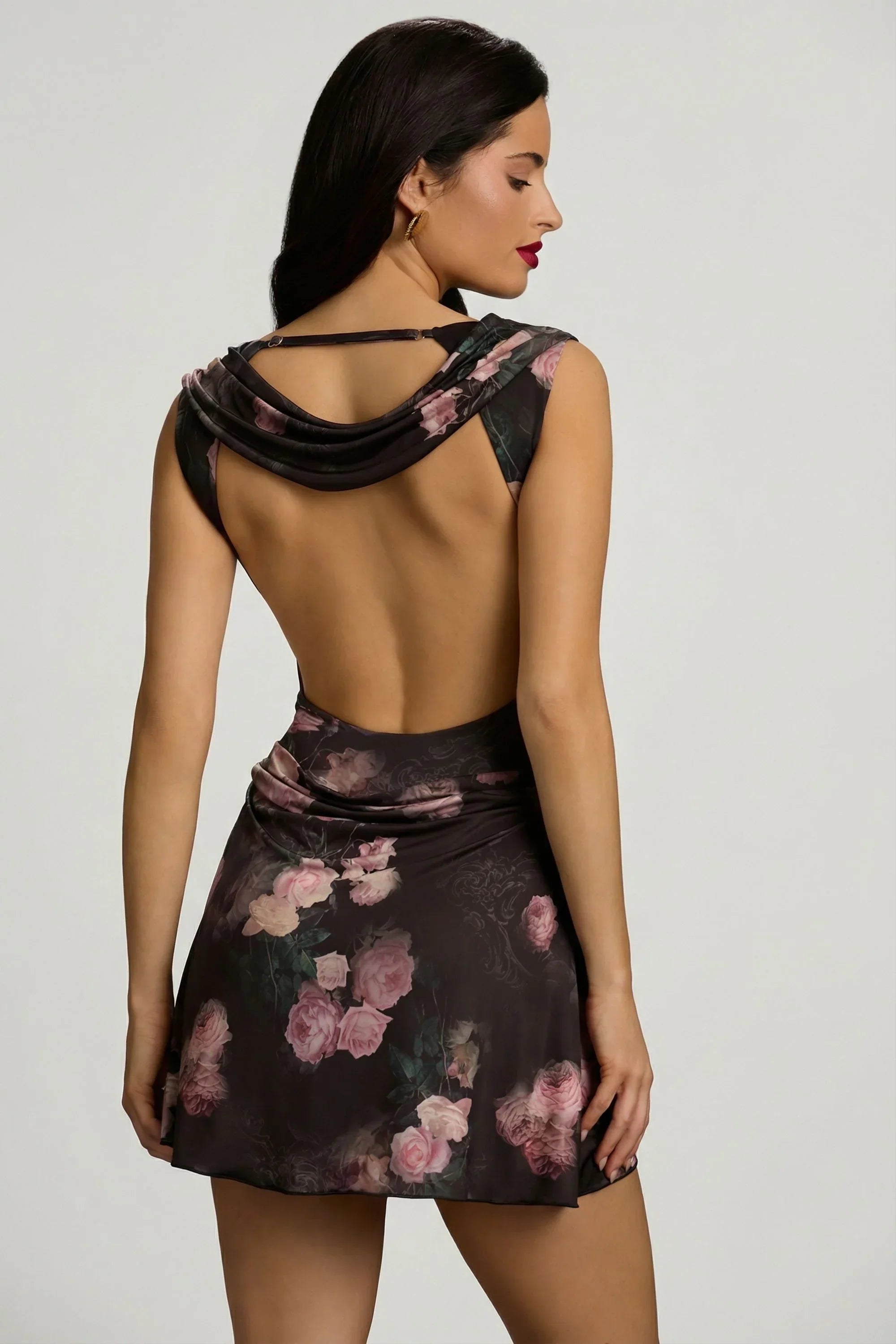 Draped Open Back A Line Mini Dress in Black Floral Print