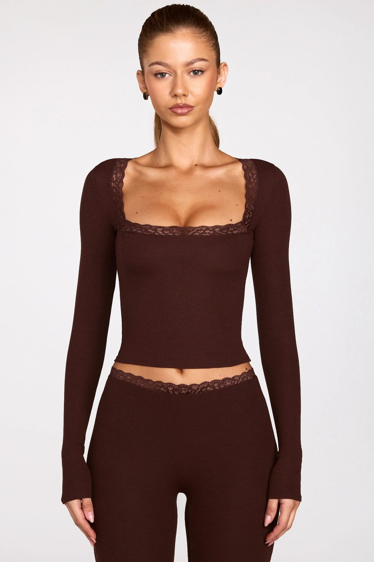 Ribbed Modal Square Neck Long Sleeve Top in Chocolate Brown