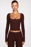 Ribbed Modal Square Neck Long Sleeve Top in Chocolate Brown