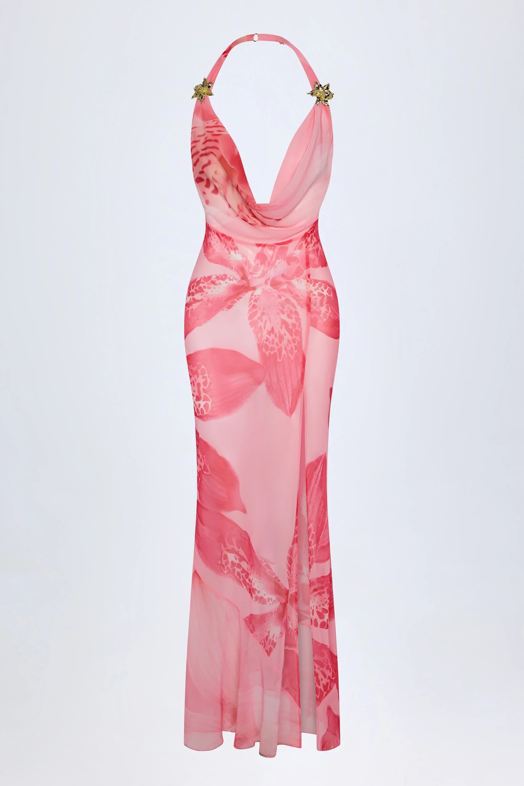 Cowl Neck Hardware Detail Maxi Dress in Pink Orchid Print