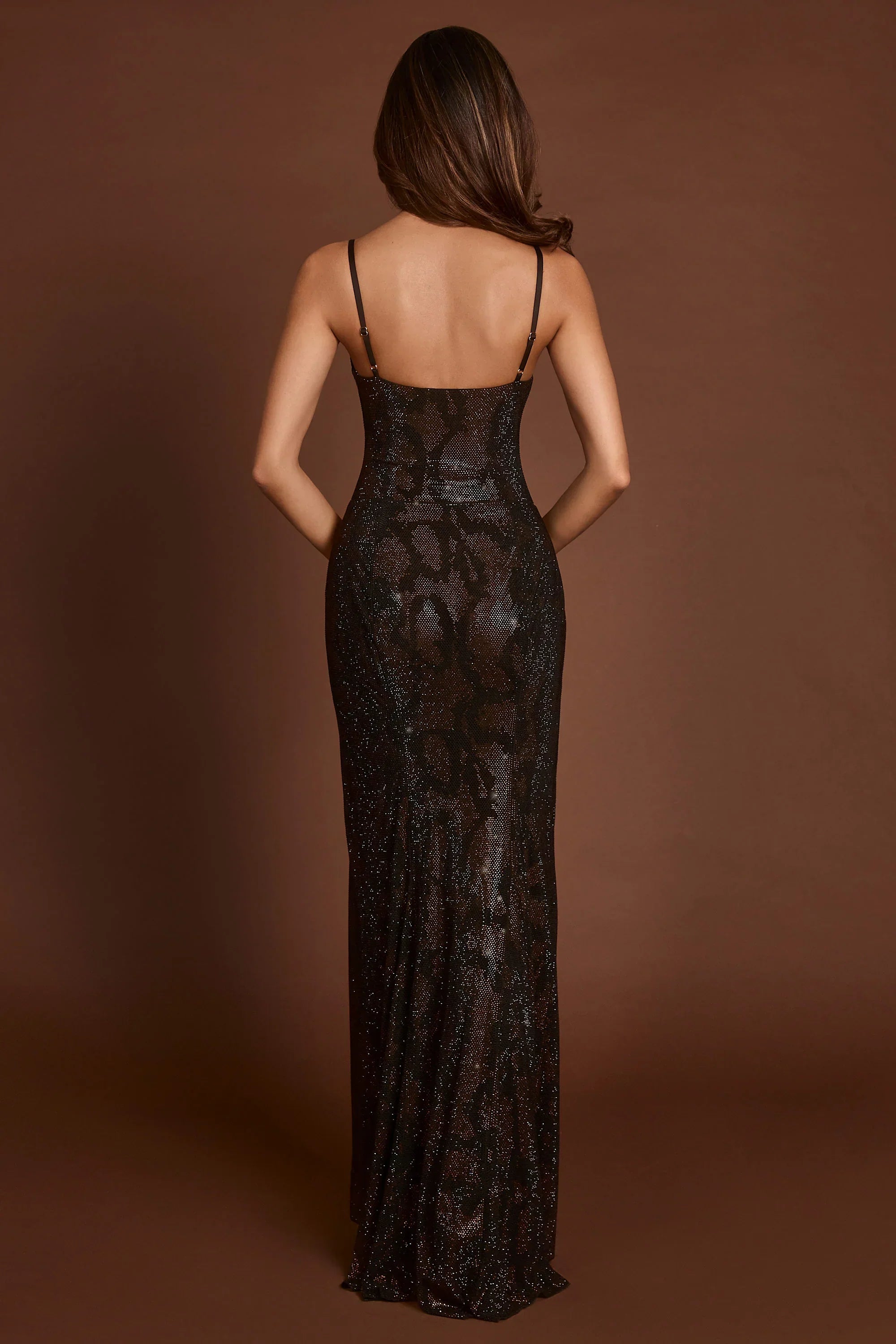 Embellished Peekaboo Cowl Neck Dress in Brown Snake
