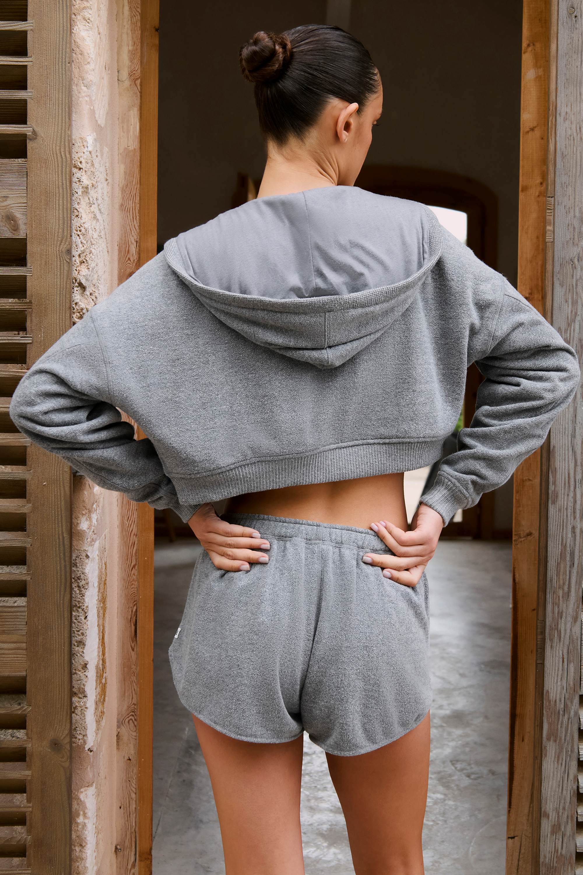 Terry Cotton Zip Up Cropped Hoodie in Dark Grey
