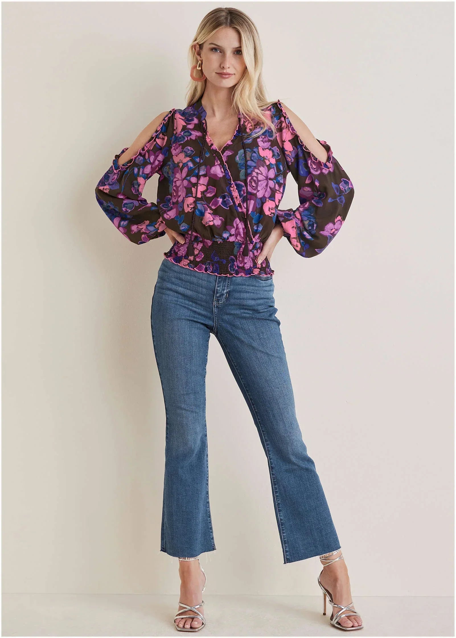 Ruffle Cold Shoulder Blouse Electric Bouquet