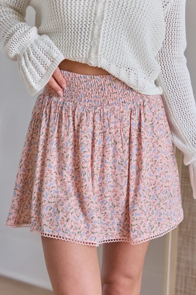 Through The Garden Pink Multi Floral Eyelet Trim Mini Skort