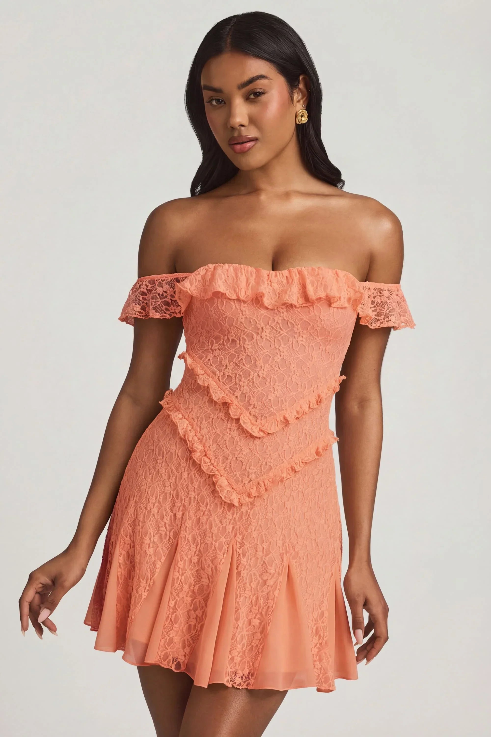Off Shoulder Lace A Line Mini Dress in Peach