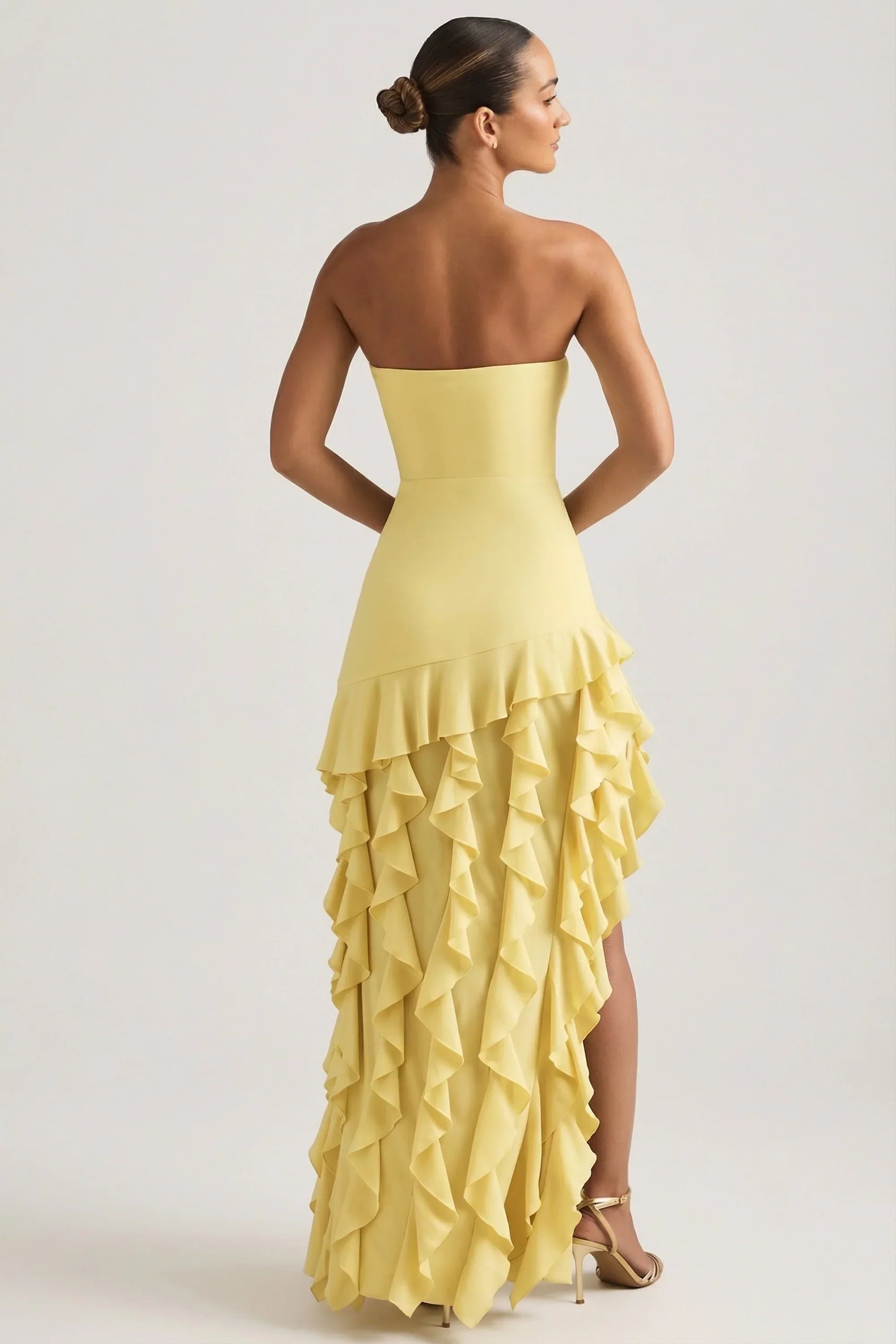 Ruffle Trim Strapless Gown in Pastel Yellow