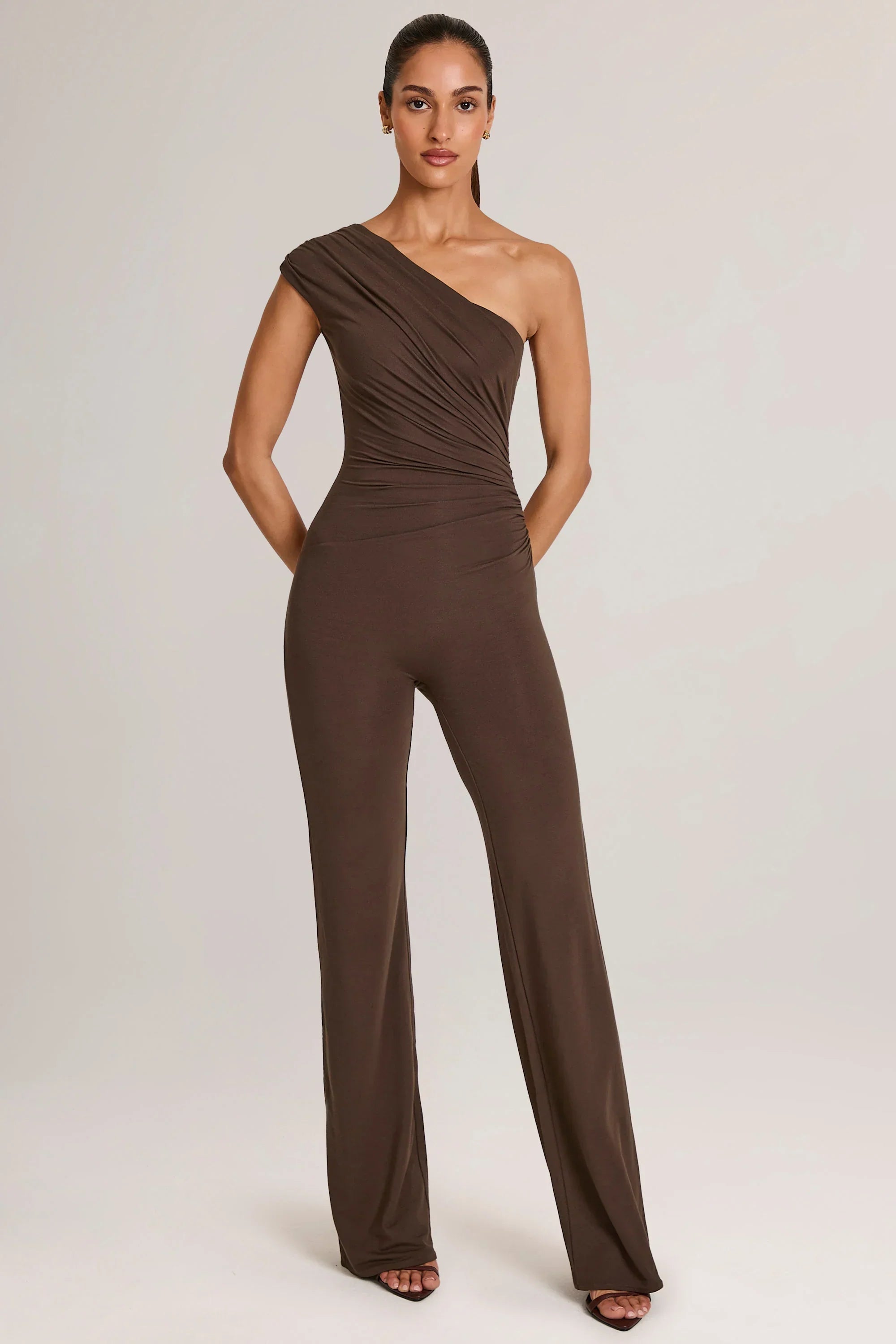 Modal One Shoulder Jumpsuit in Chocolate Brown