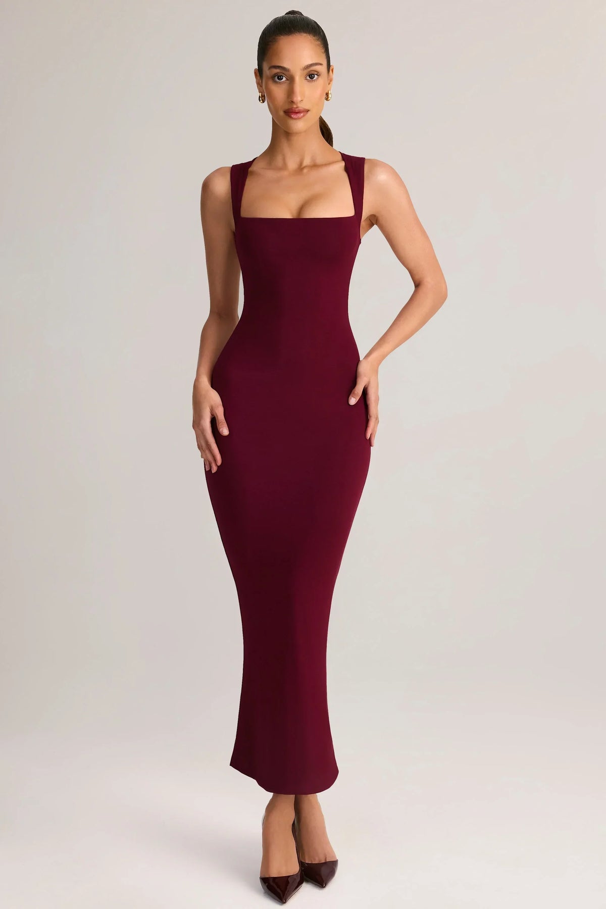 Modal Square Neck Bodycon Midi Dress in Wine