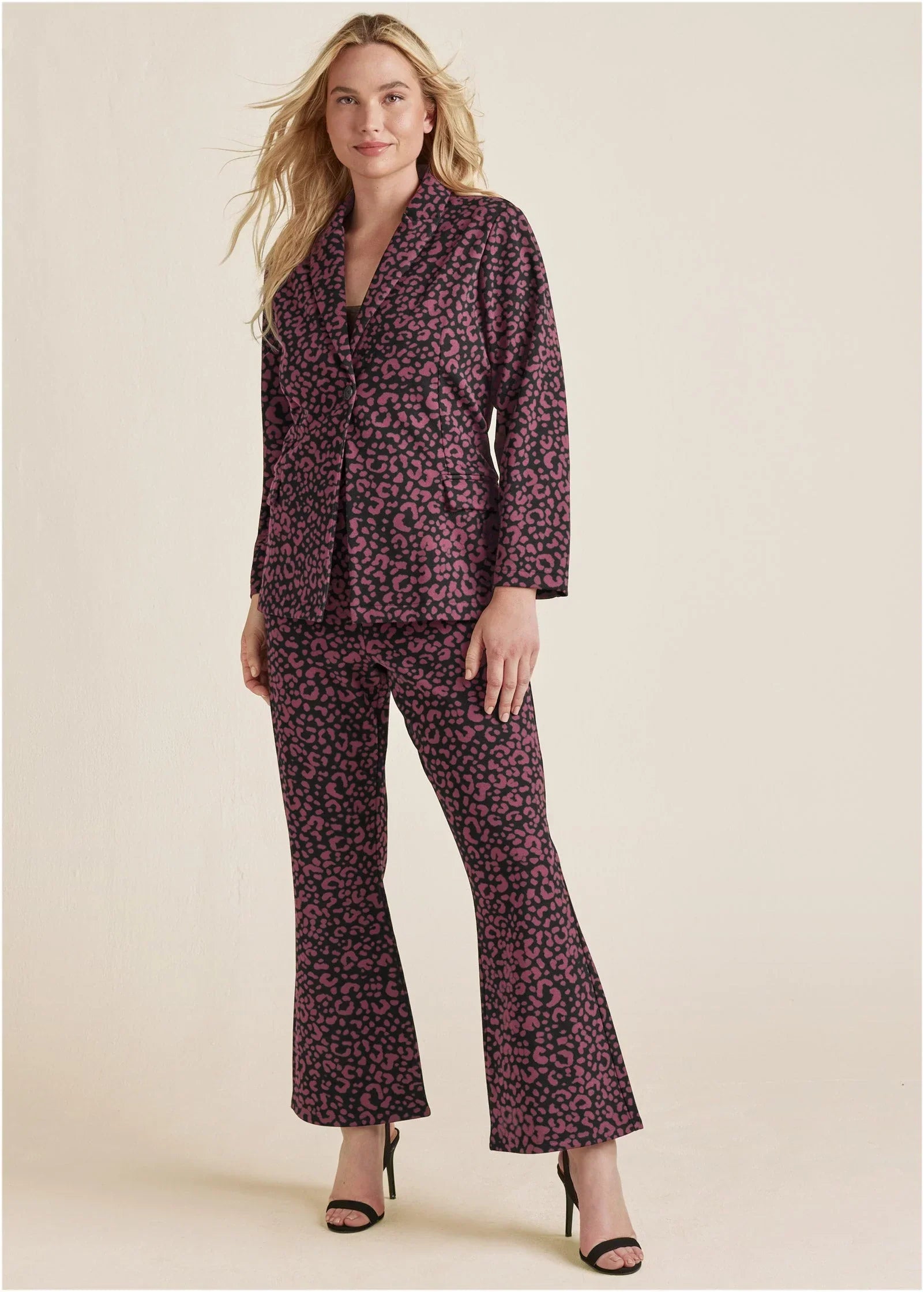 Leopard Kick Flare Suit Set Wine