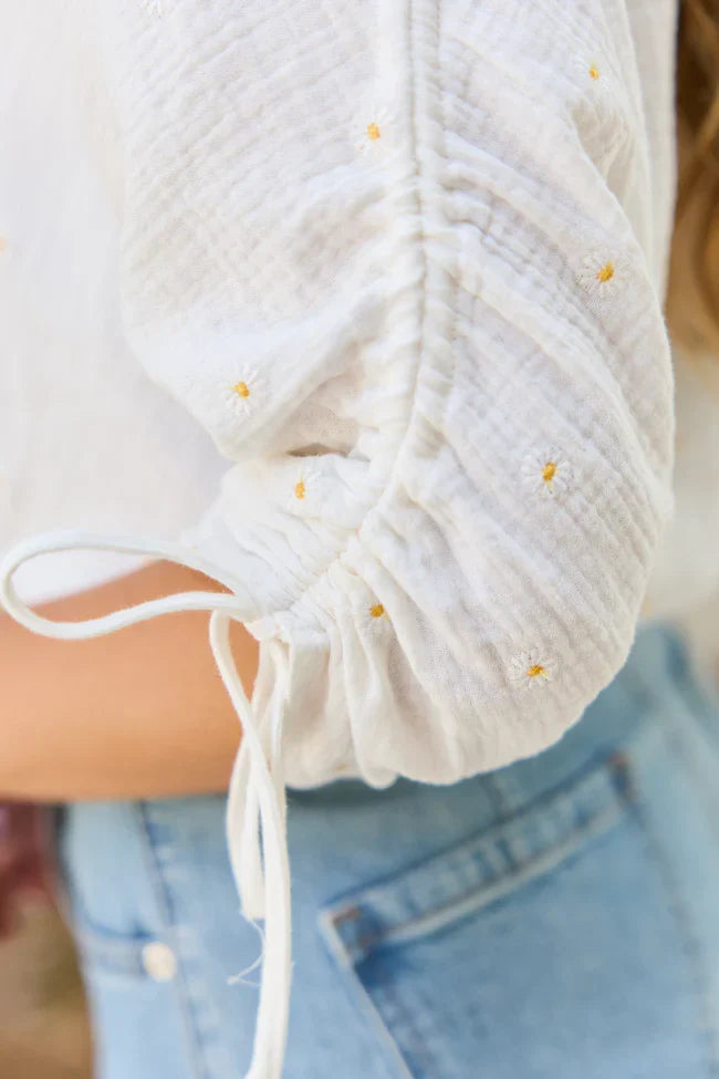 Cora Ivory Daisy Embroidered Gauze Top