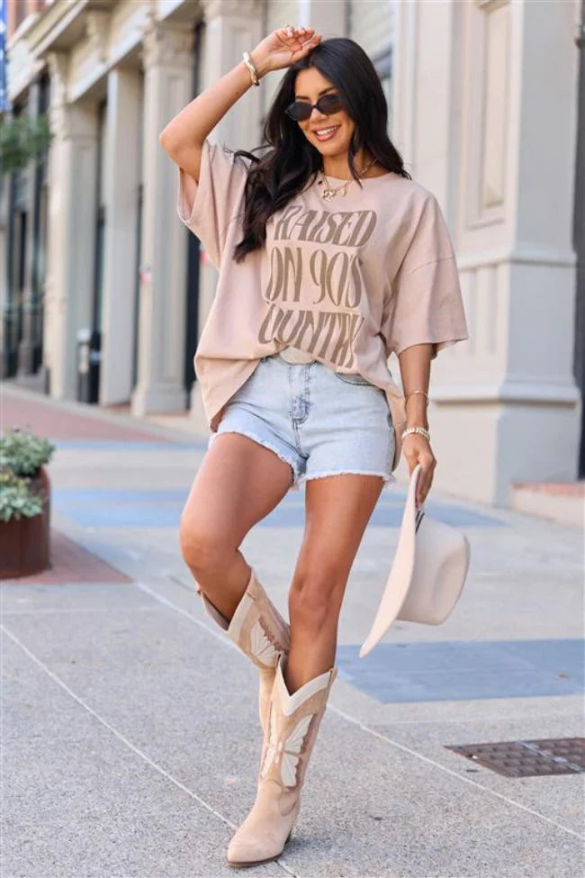 Raised On 90s Country Taupe Oversized Graphic Tee