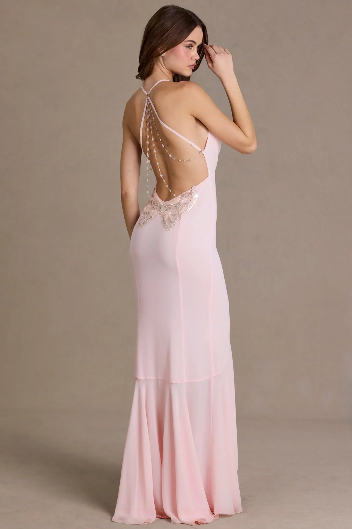 Chiffon Cowl Neck Open Back Gown in Baby Pink