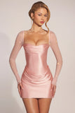 Embellished Long Sleeve Draped Mini Dress in Blush Pink