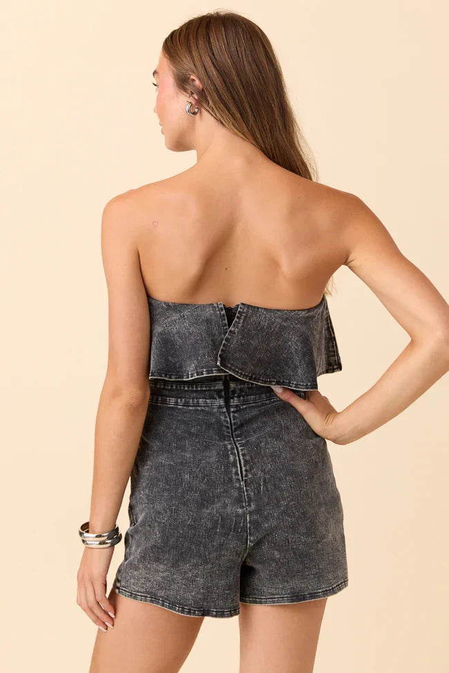 Dusk To Denim Black Denim Wrap Romper FINAL SALE