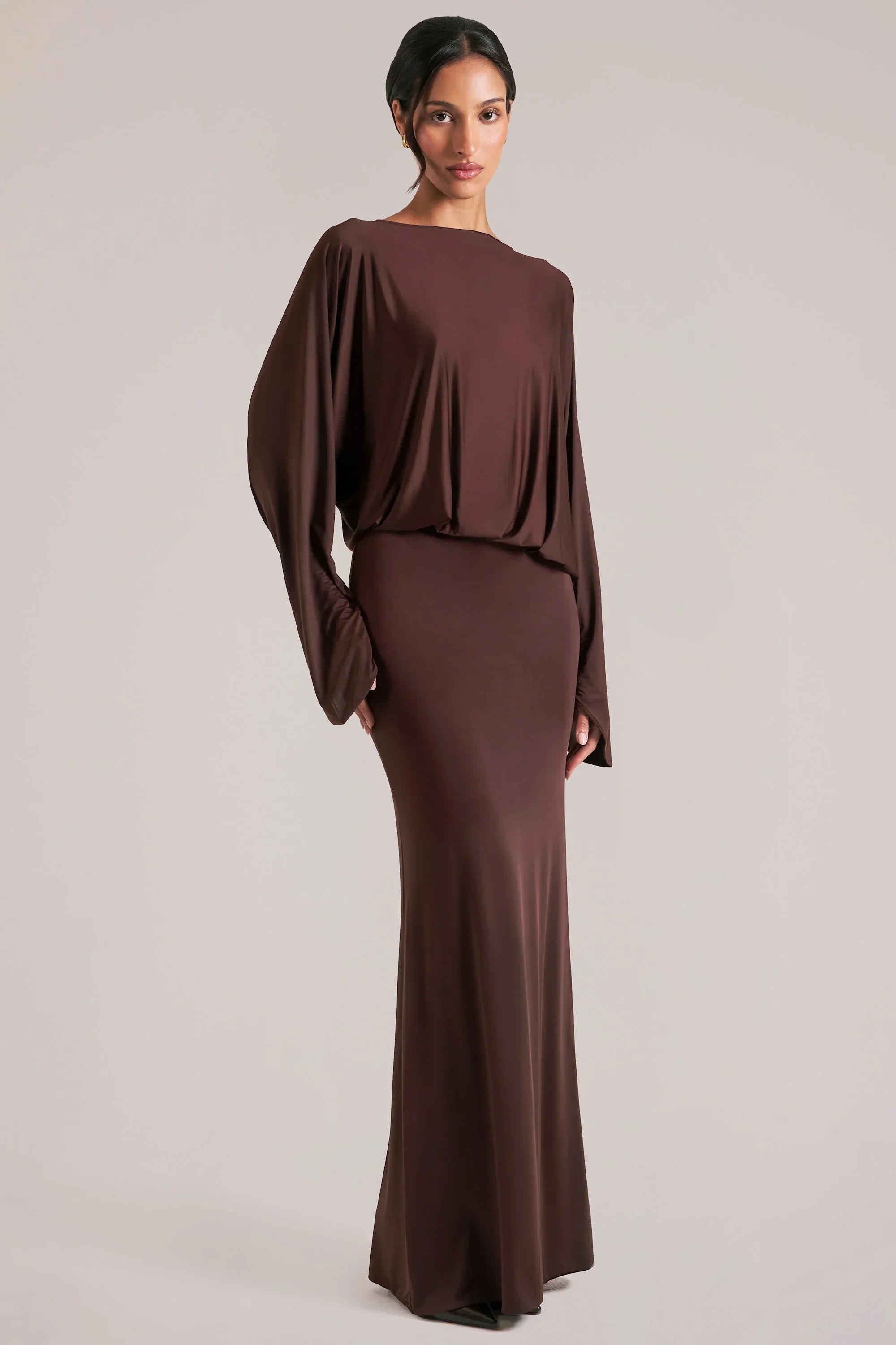 Long Sleeve Draped Maxi Dress in Chocolate Brown