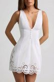 Cutwork Cotton Poplin A Line Mini Dress in White