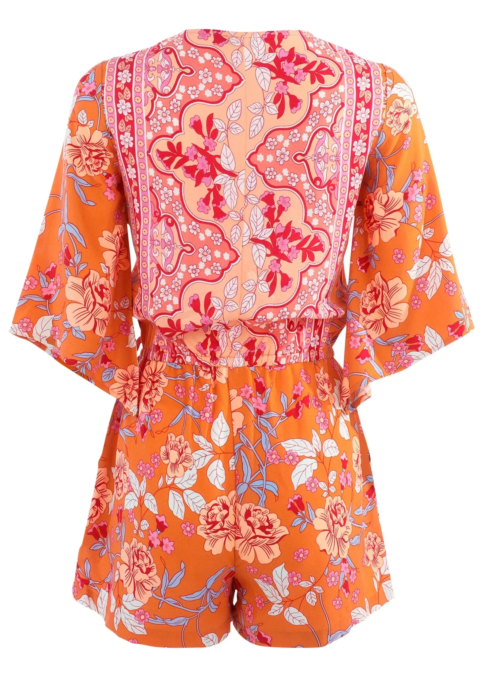 3 4 Sleeve Printed Romper Orange Multi