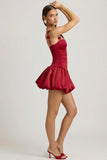 Bow Detail Ruched Bubble Hem Mini Dress in True Red