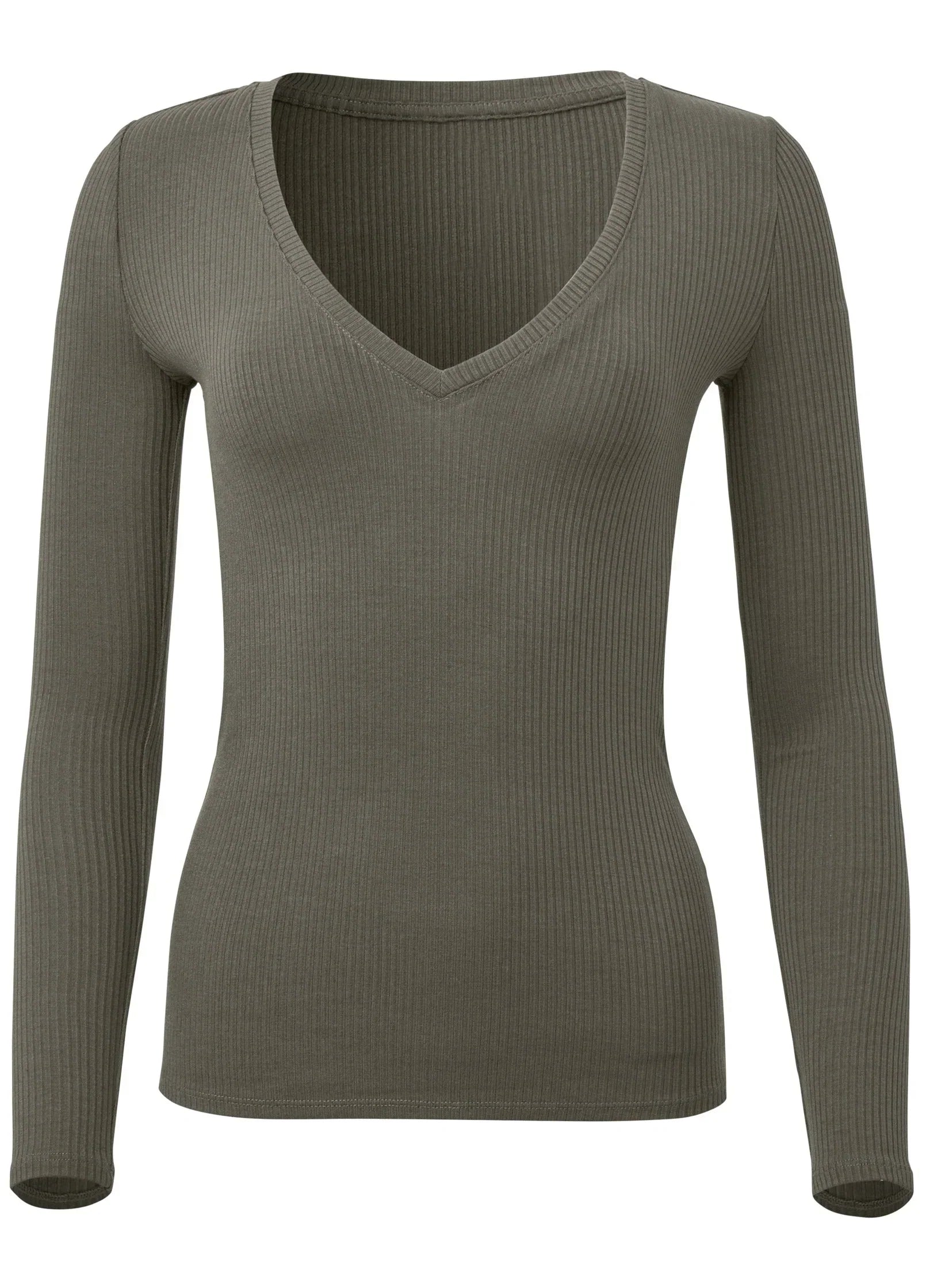 Ribbed Long Sleeve V Neck Olive