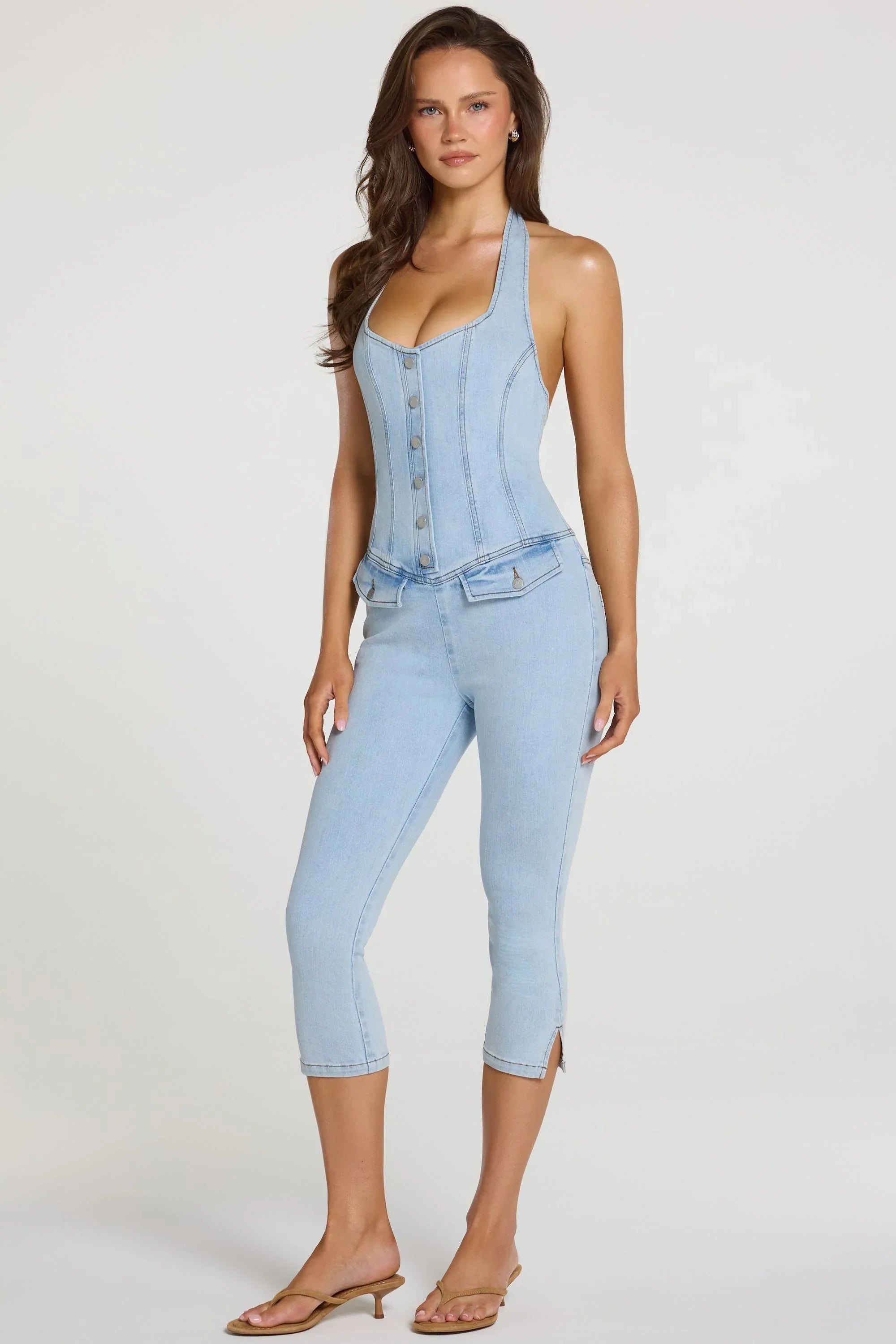 Denim Capri Jumpsuit in Light Denim