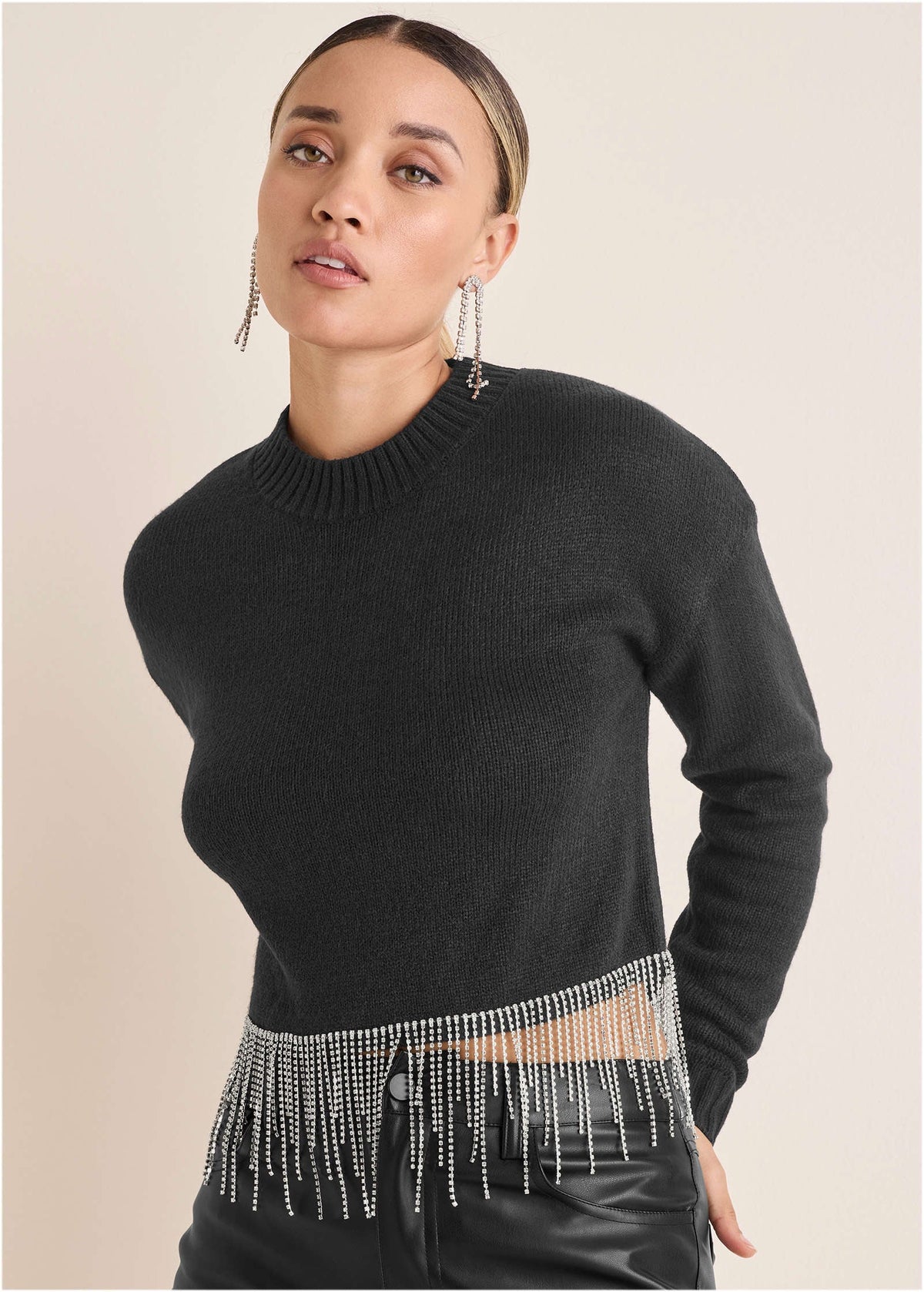 Rhinestone Trim Sweater Jet Black
