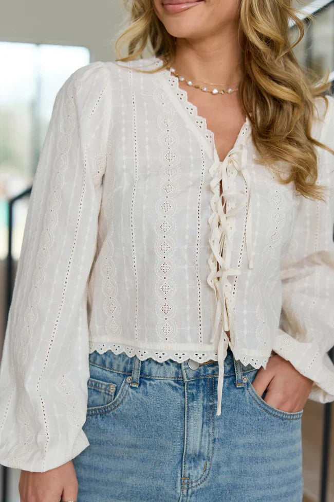 Harper Ivory Eyelet Tie Front Top