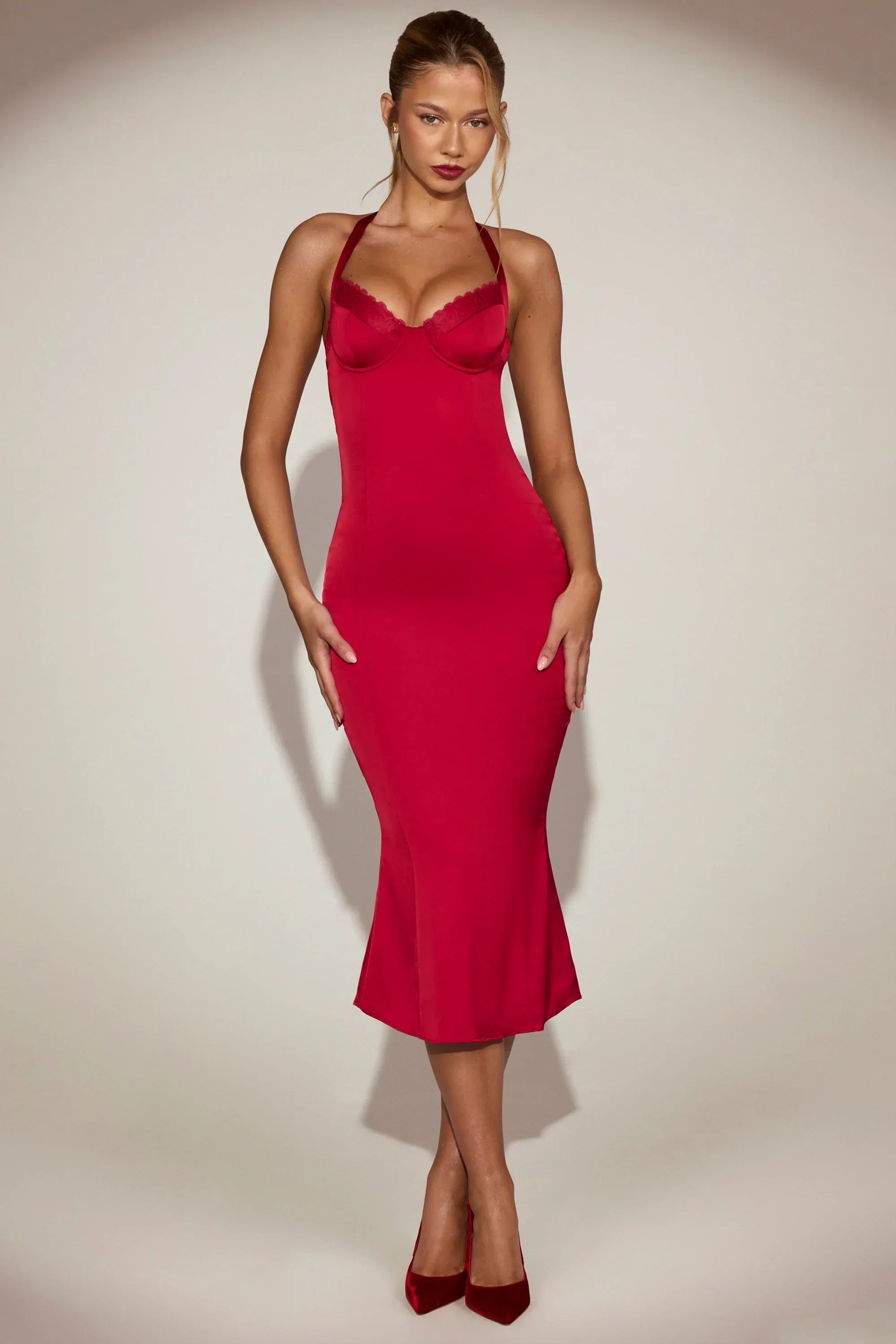 Satin Sweetheart Bustier Fishtail Midaxi Dress in True Red