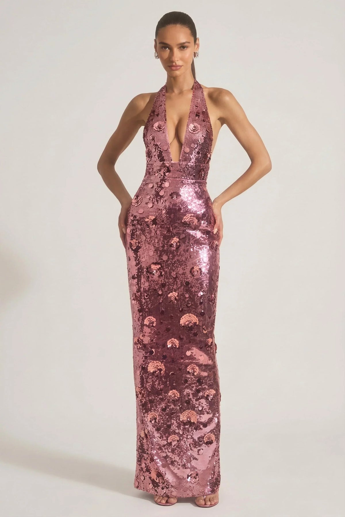 Sequin Embellished Halterneck Maxi Dress in Pink
