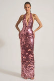 Sequin Embellished Halterneck Maxi Dress in Pink