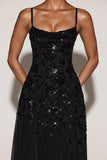 Embellished Soft Scoop Asymmetric Midaxi Dress in Black