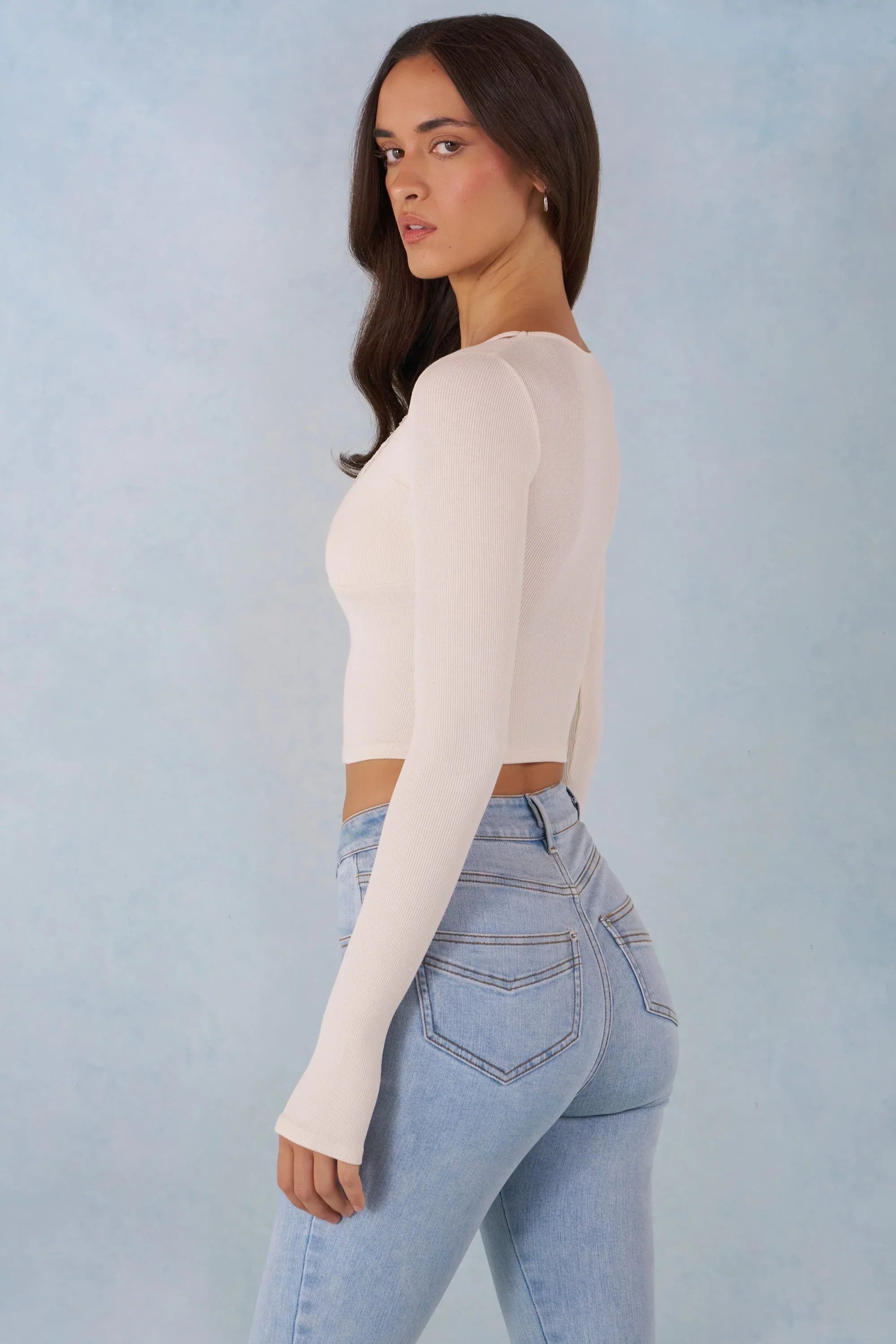 Ribbed Modal Long Sleeve Laced Bra Top in Ivory