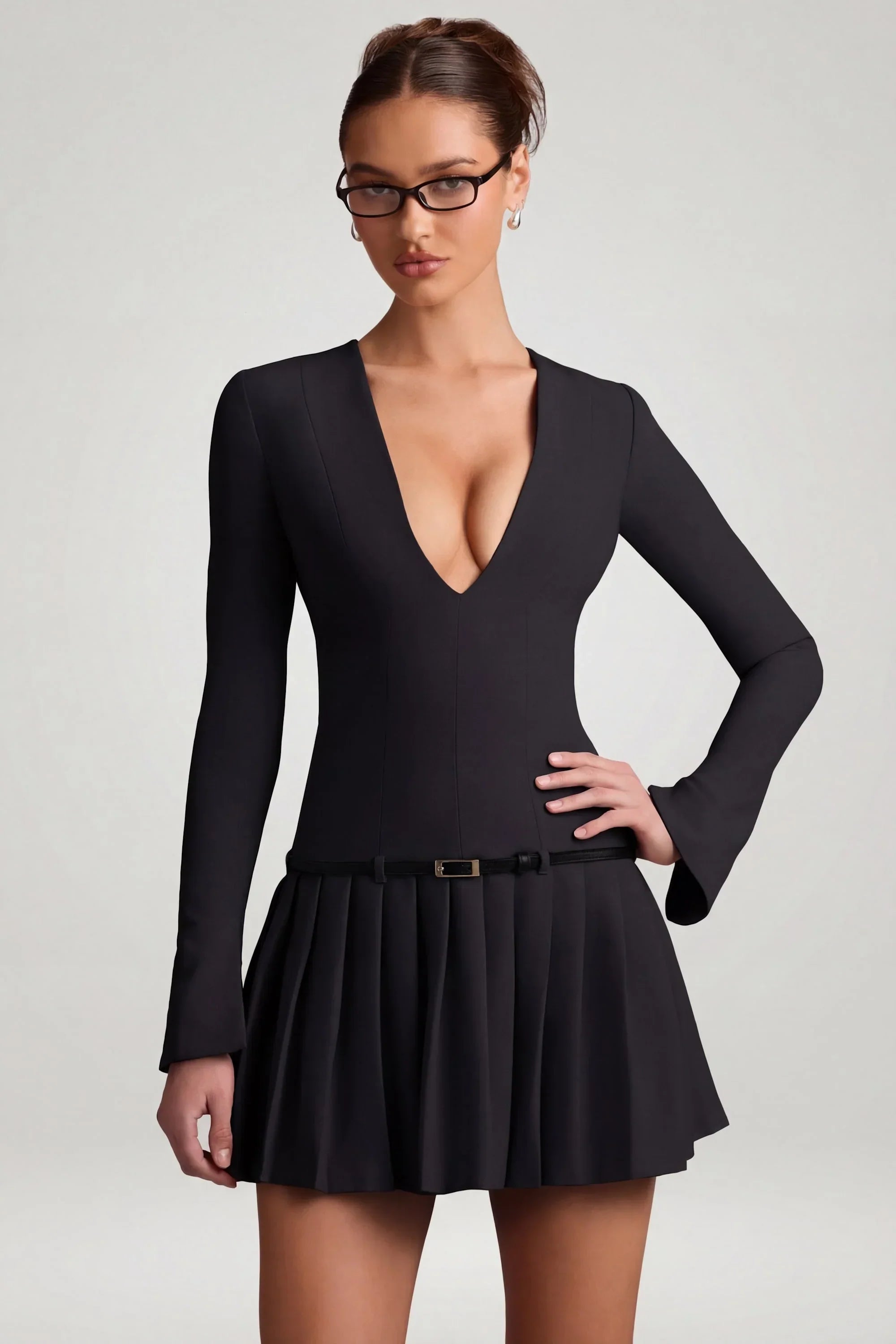 Long Sleeve Pleated Mini Dress in Black