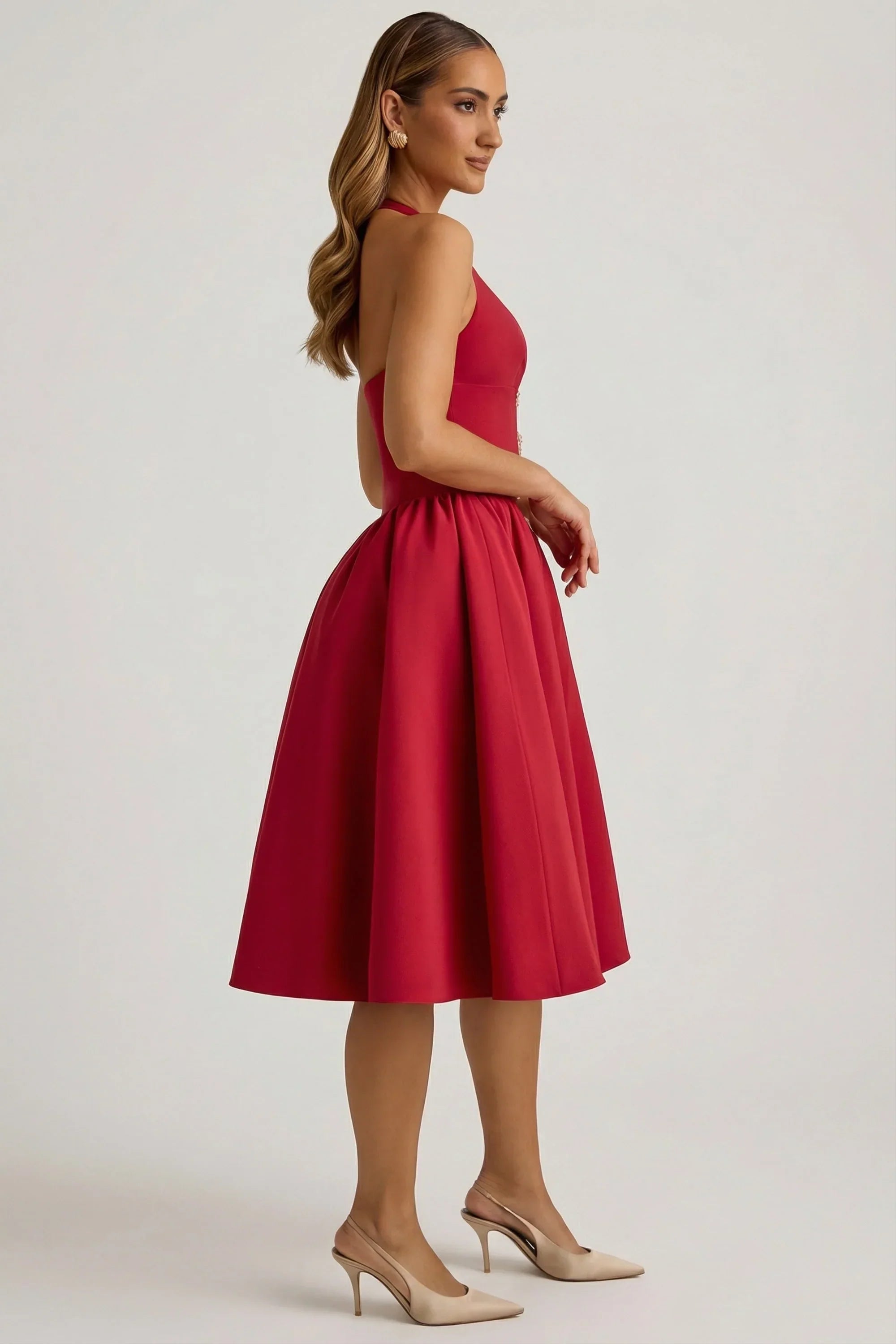 Halterneck Bow Detail Midi Dress in True Red