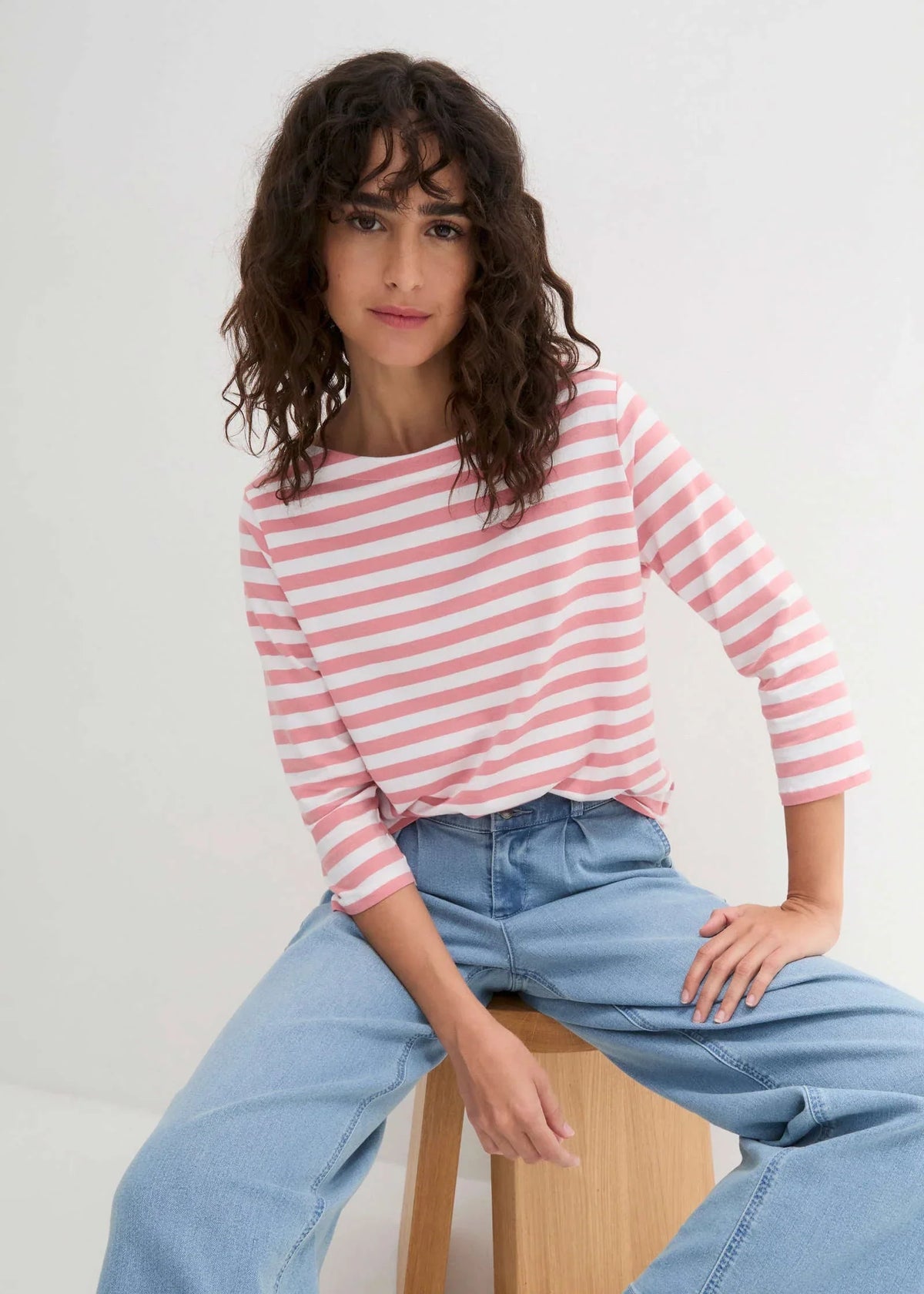 Boat Neck Striped Top Pale Pink White