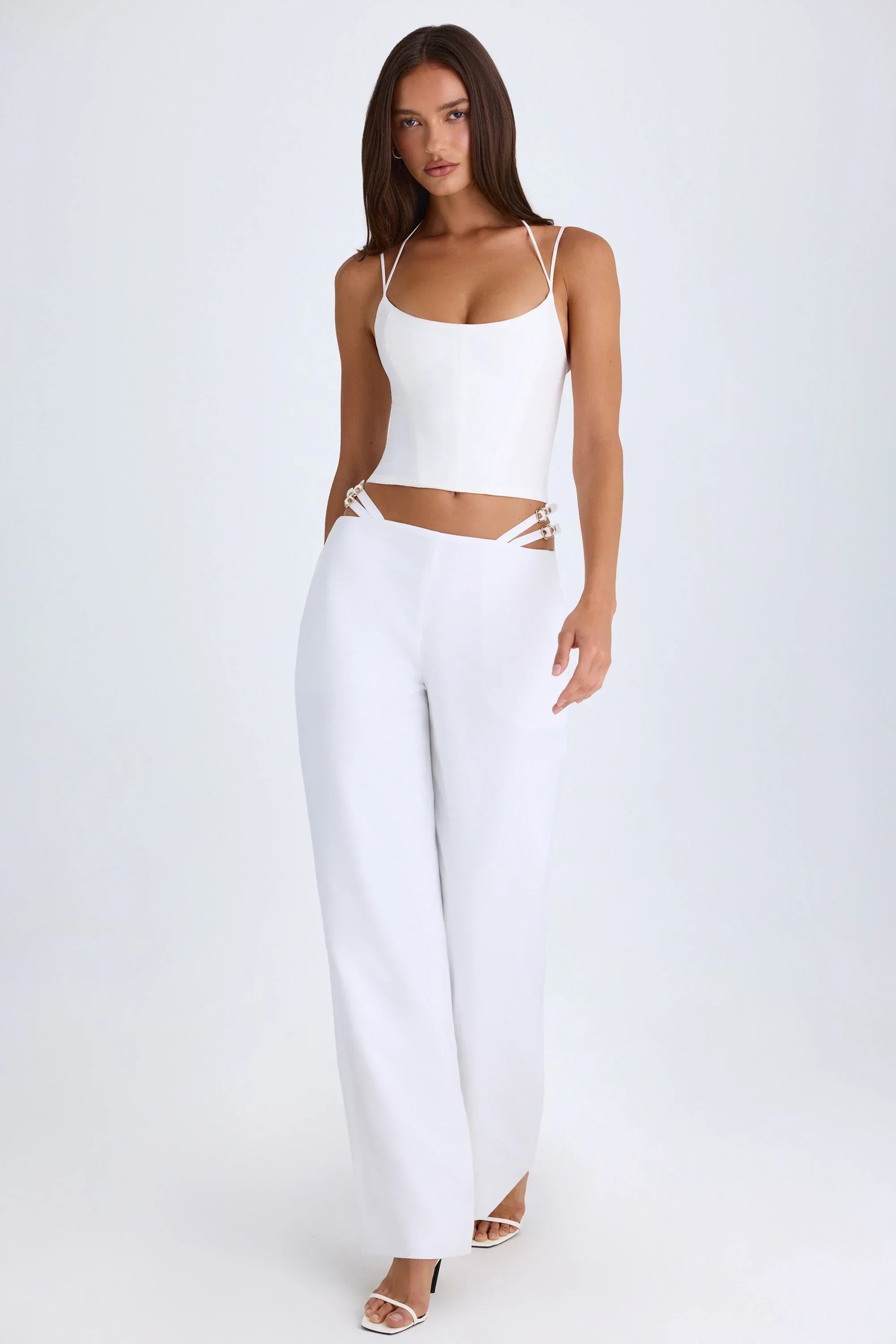 Belted Cut Out Wide Leg Trousers in White