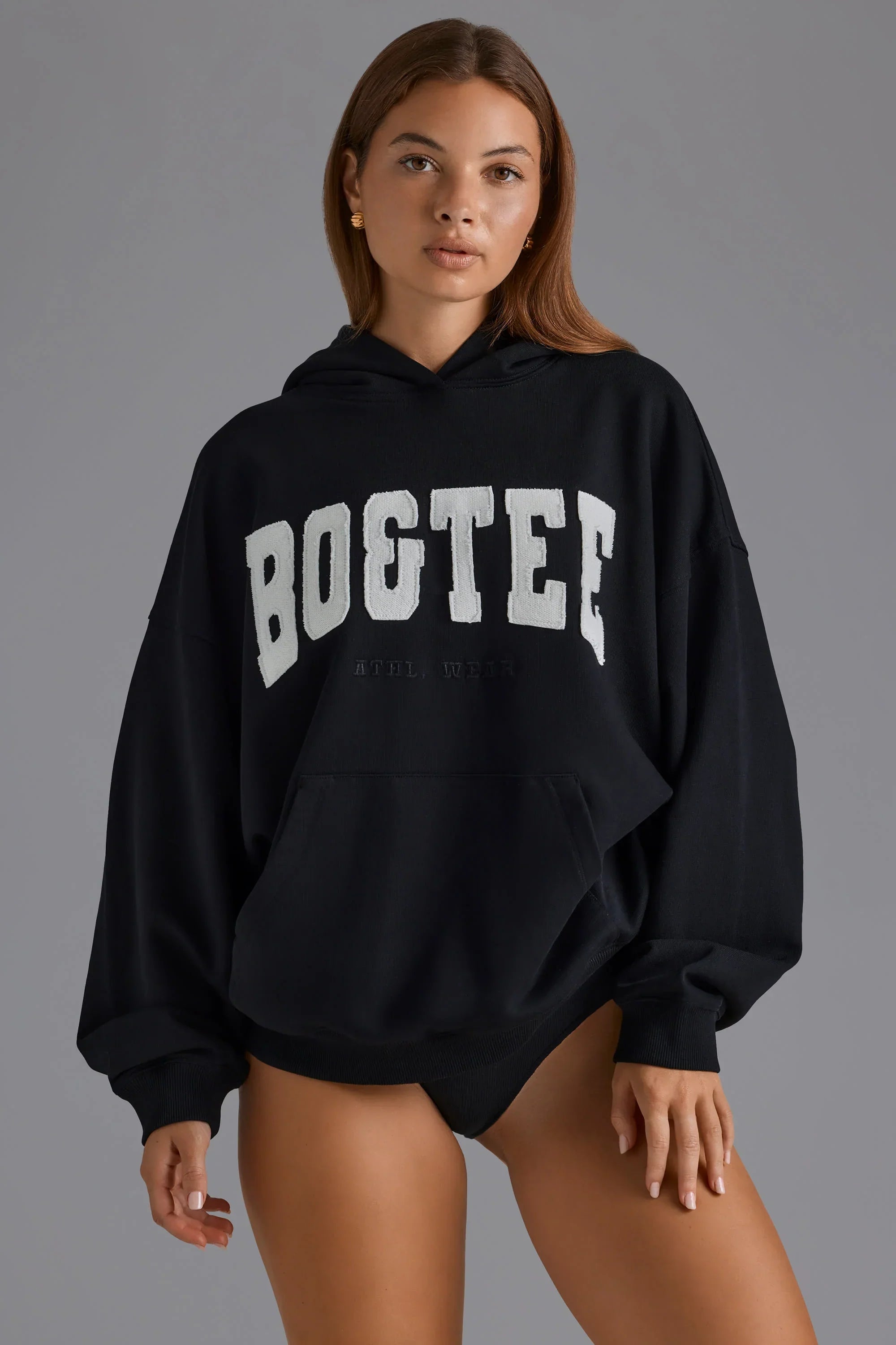 Cotton Fleece Appliqué Oversized Hoodie in Black