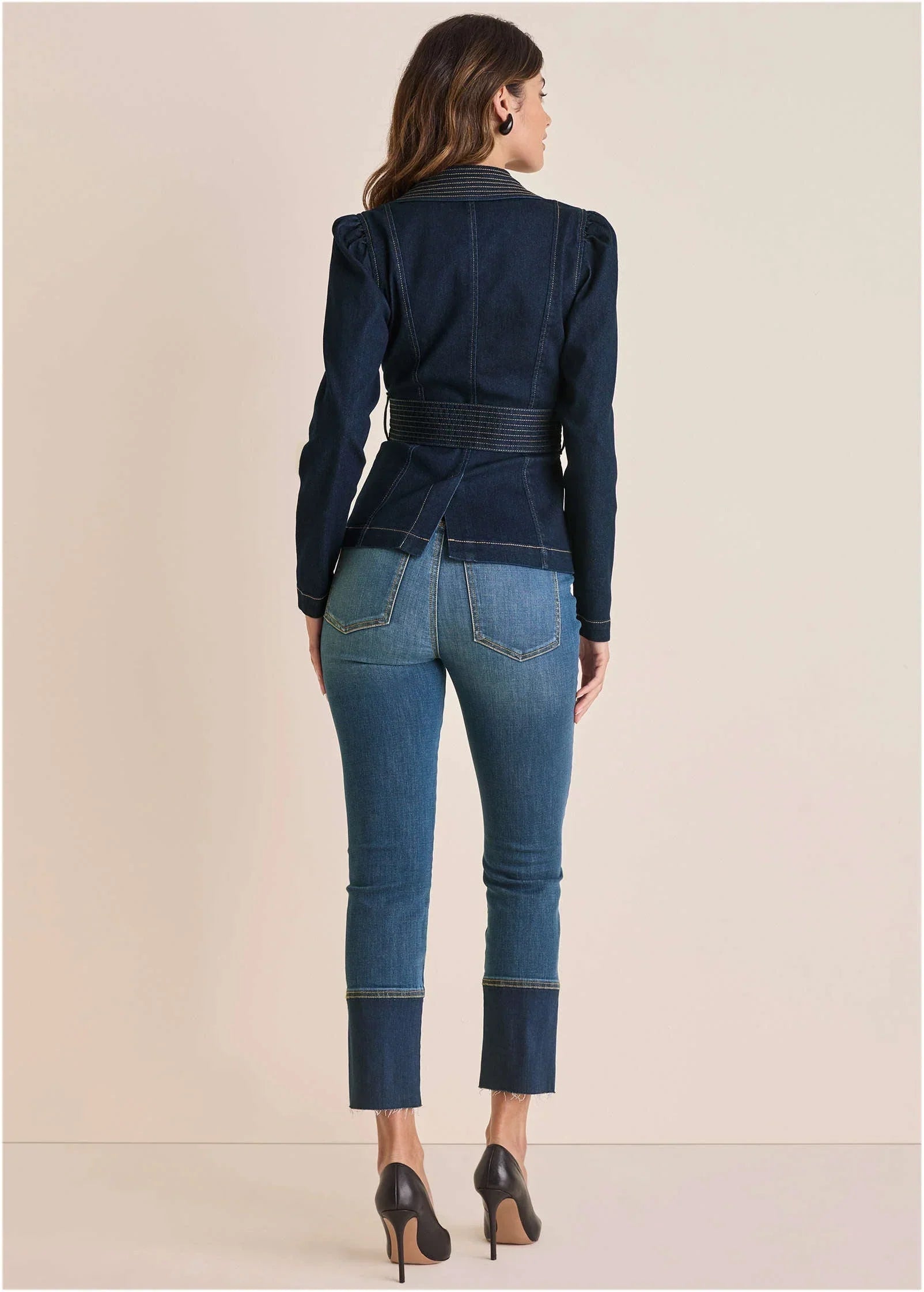 Puff Shoulder Denim Blazer Dark Wash