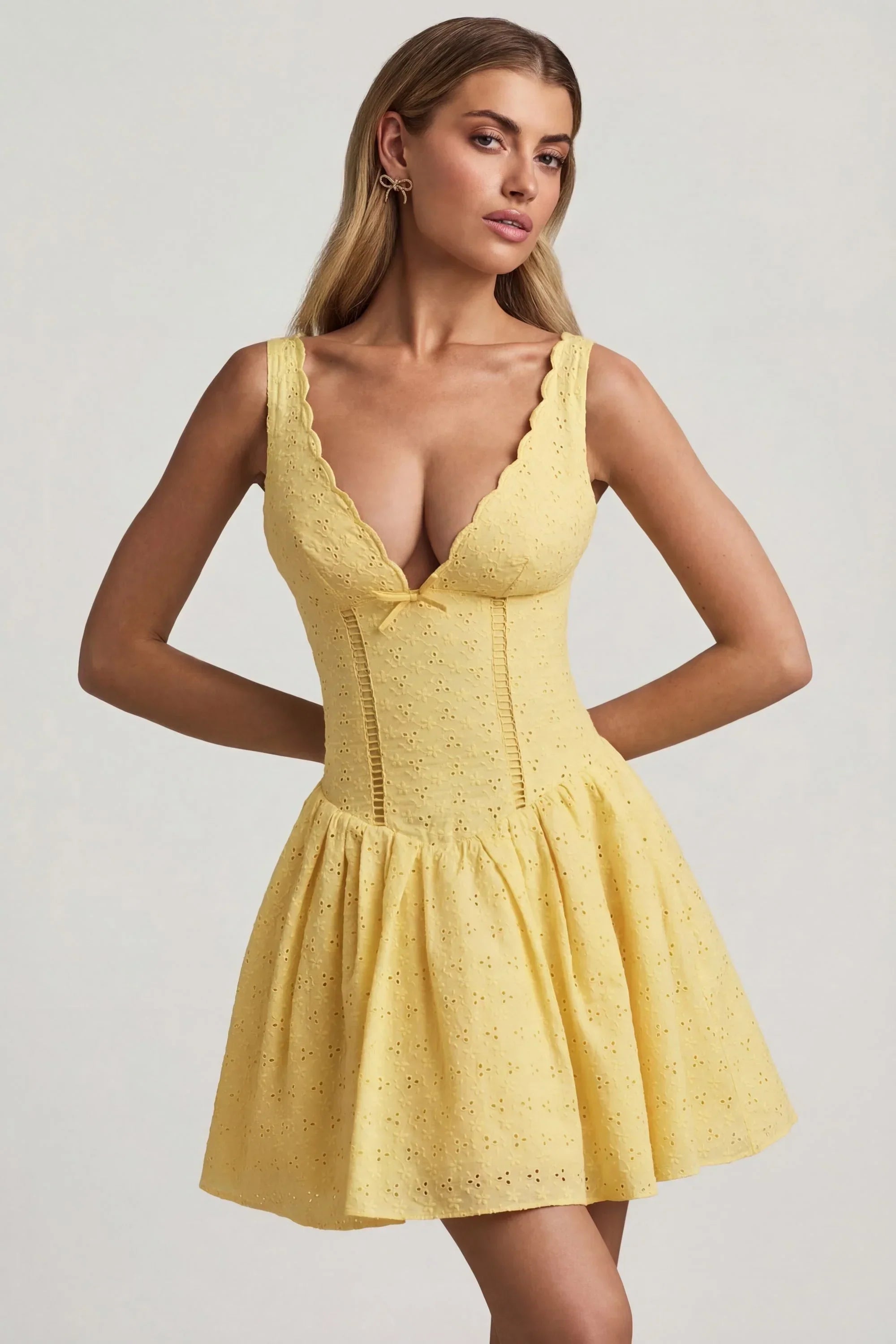 Broderie Anglaise Bow Detail A Line Mini Dress in Pastel Yellow