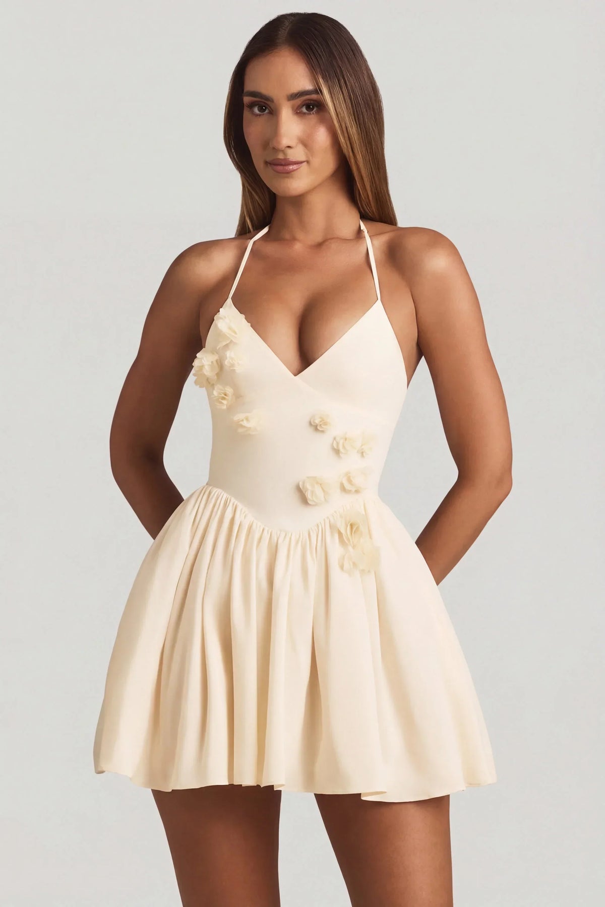 Halterneck Floral Appliqué Corset Mini Dress in Ivory