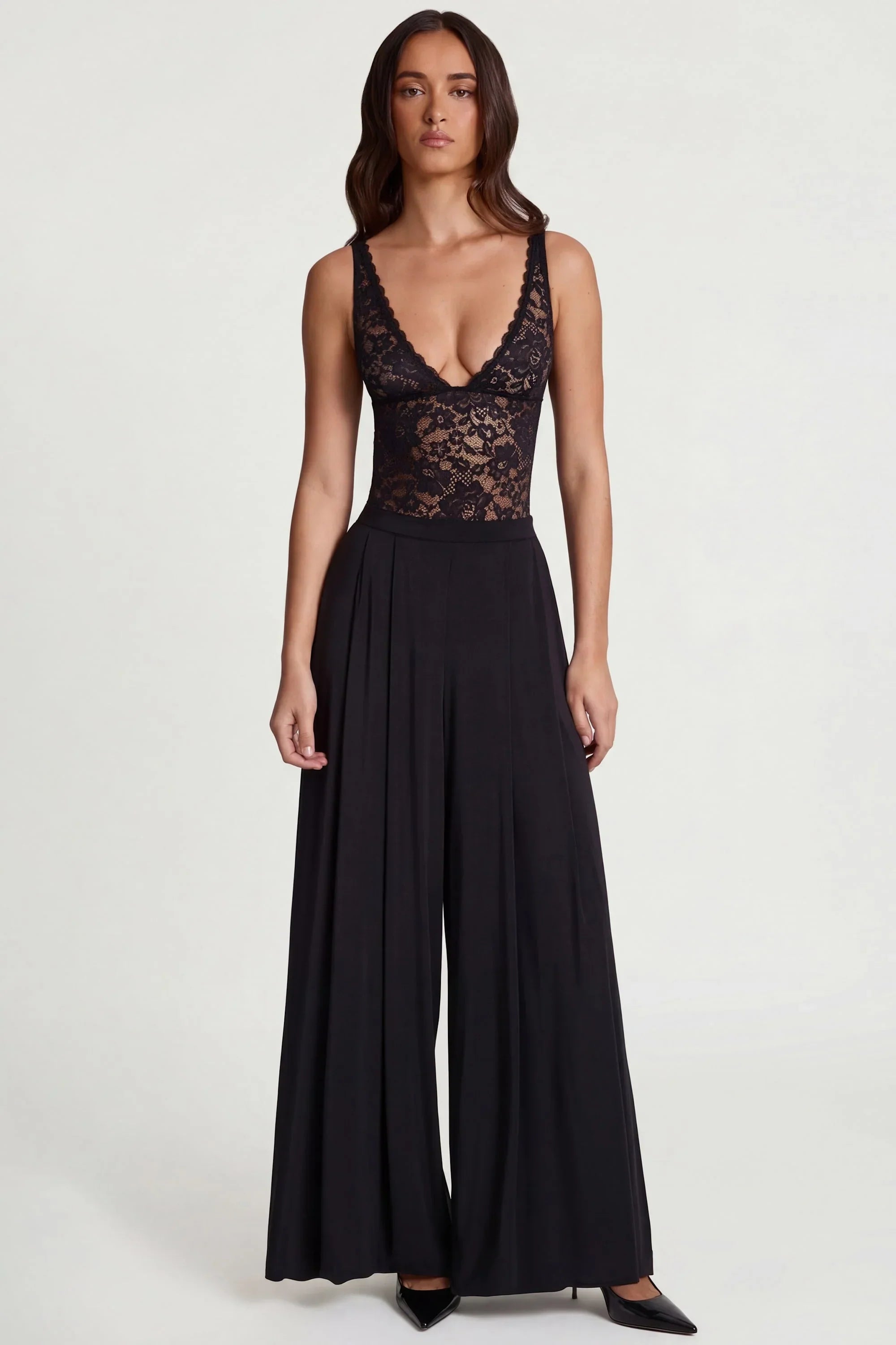 Soft Jersey Mid Rise Wide Leg Trousers in Black