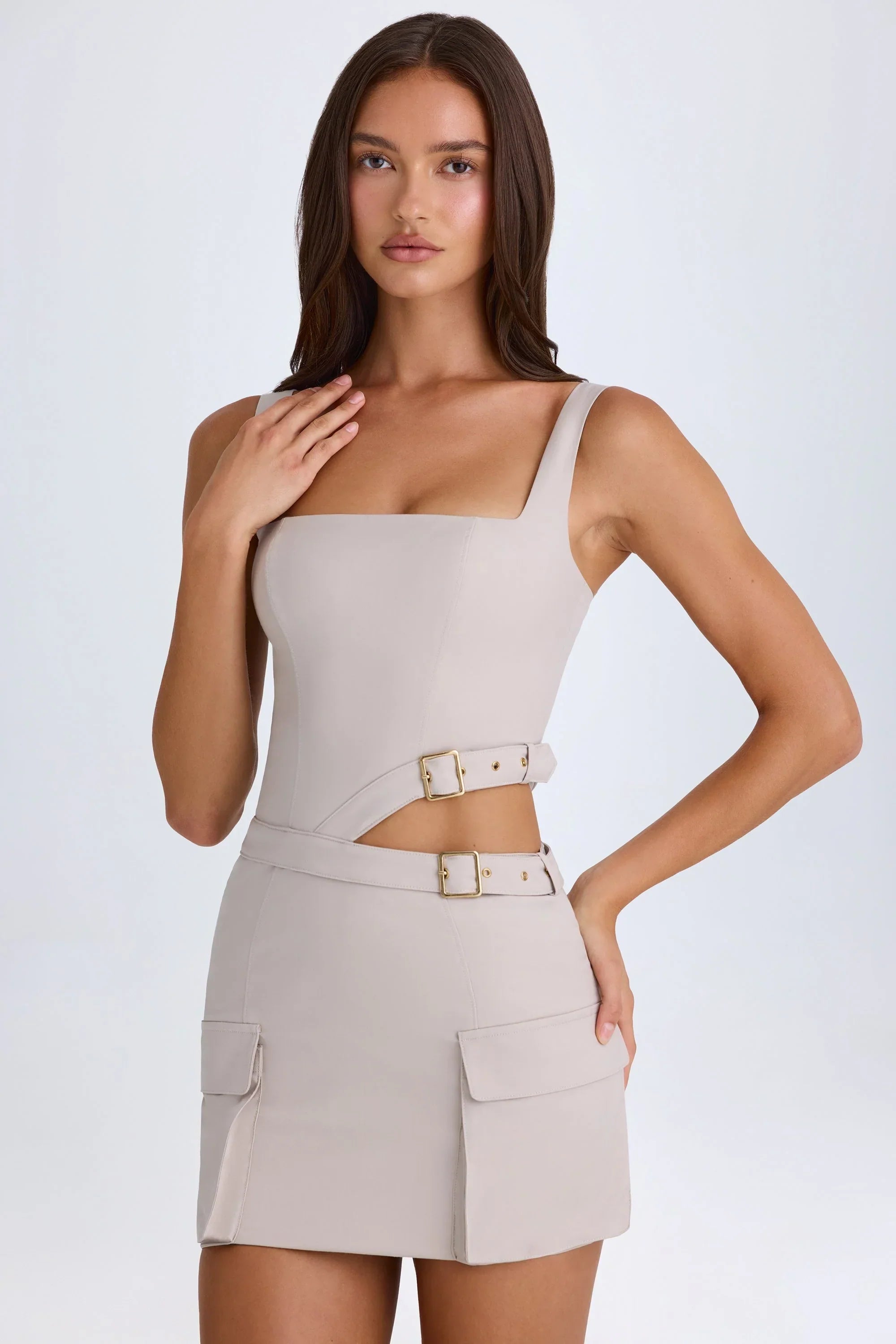 Belted Cut Out Mini Dress in Taupe