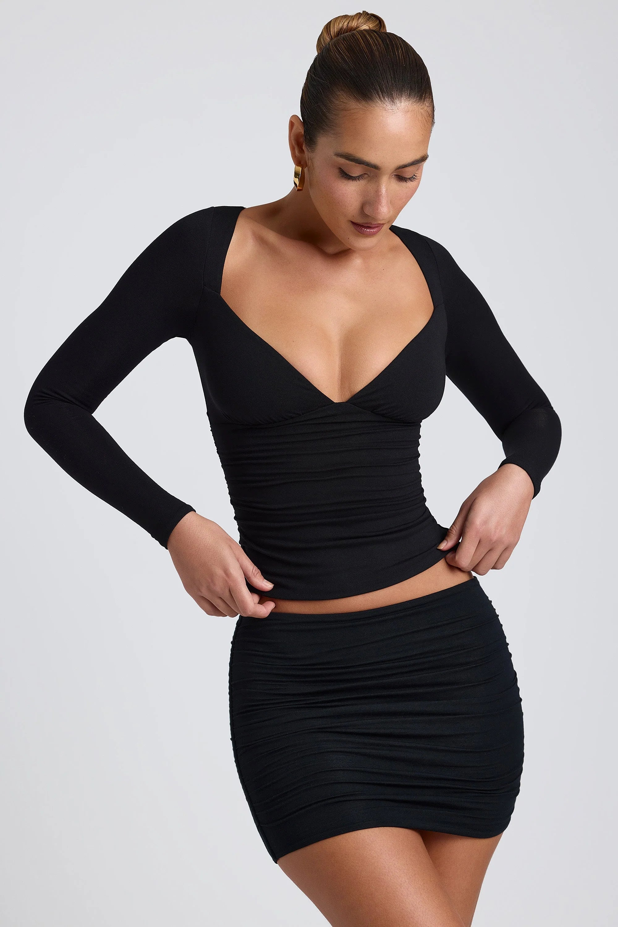 Modal Ruched Long Sleeve Top in Black